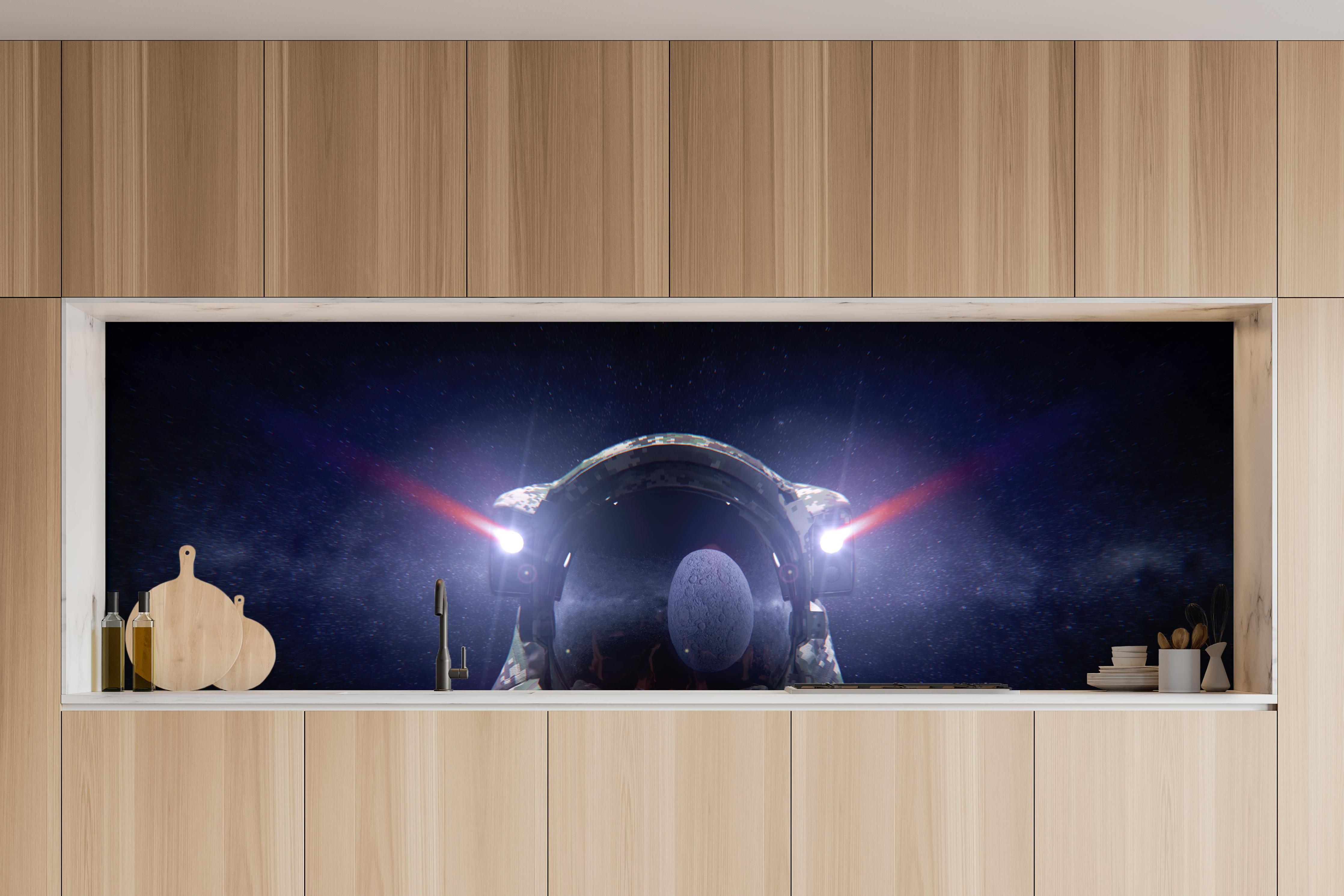 Küche - Space Force Soldat im Tarnanzug in charakteristischer Vollholz-Küche mit modernem Gasherd