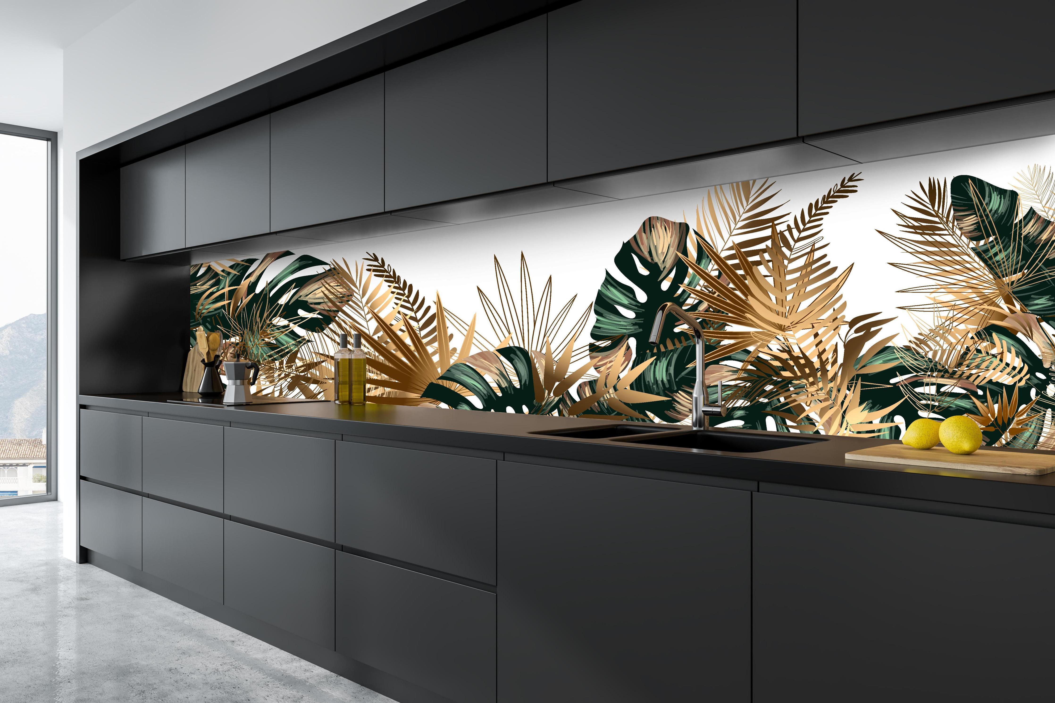 Küche - Tropische Gold-Palmen Dekor in tiefschwarzer matt-premium Einbauküche