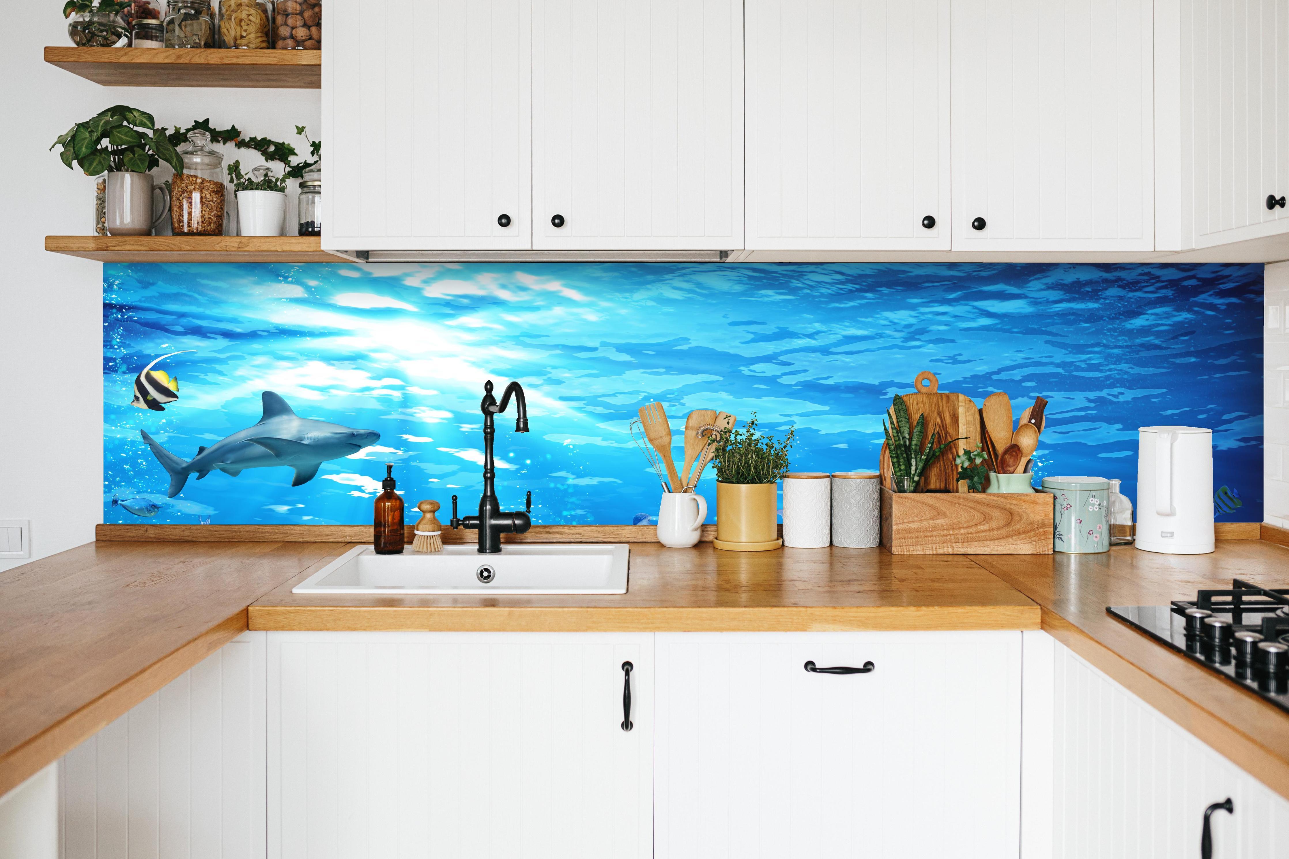 Küche - Vielfältige Unterwasserwelt in weißer Küche hinter Gewürzen und Kochlöffeln aus Holz