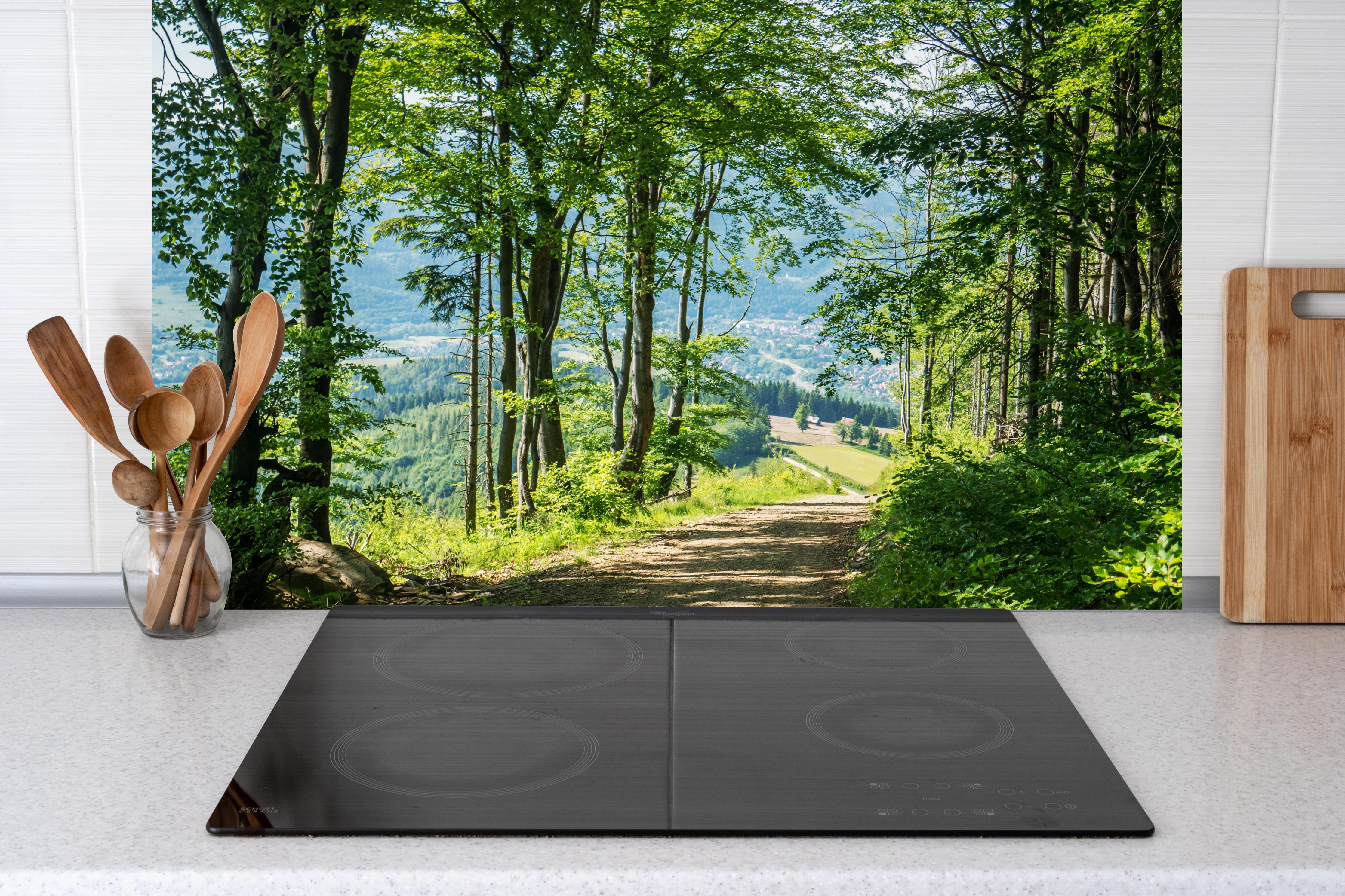 Küche - Waldweg Beskiden Polen hinter Cerankochfeld und Holz-Kochutensilien