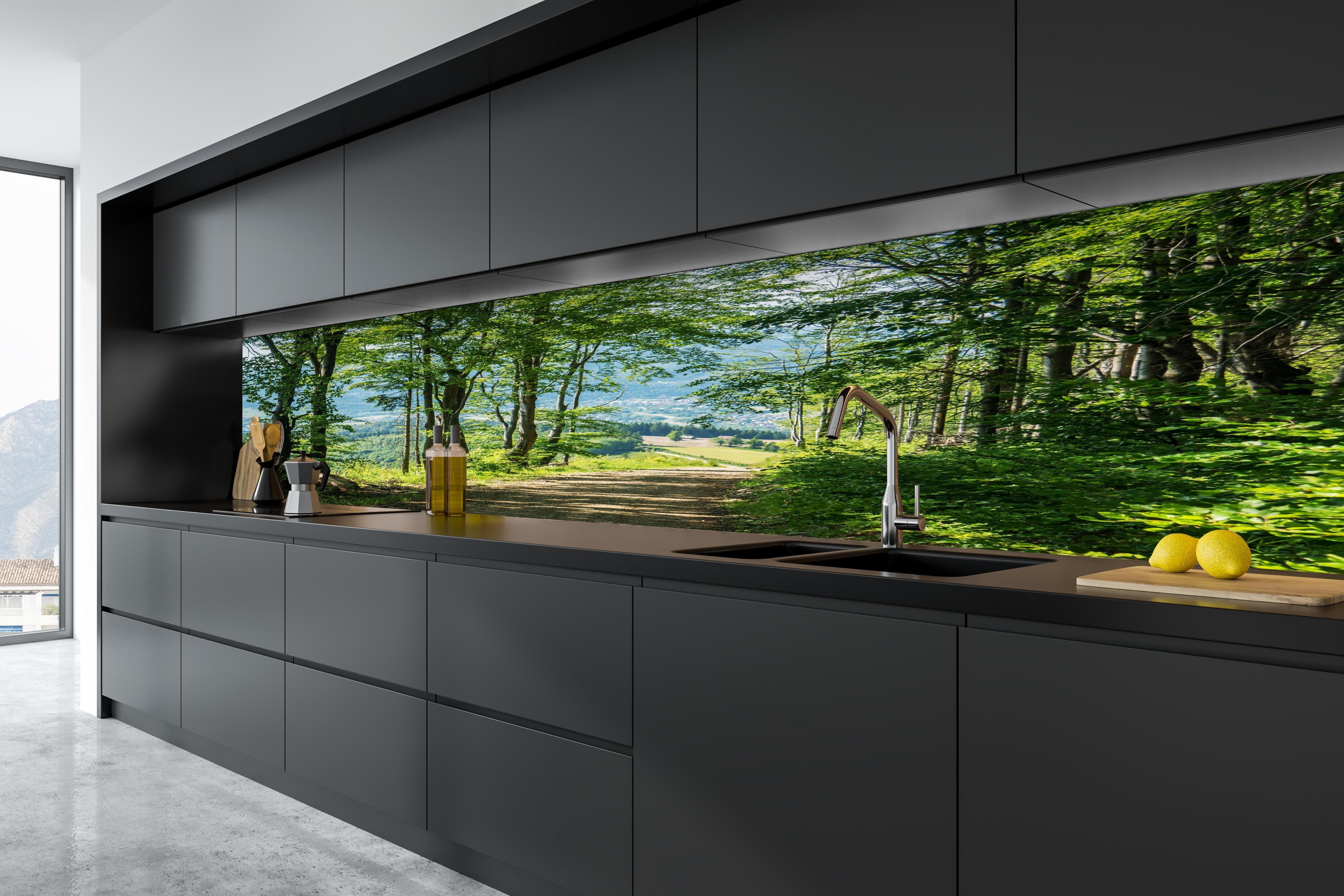 Küche - Waldweg Beskiden Polen in tiefschwarzer matt-premium Einbauküche