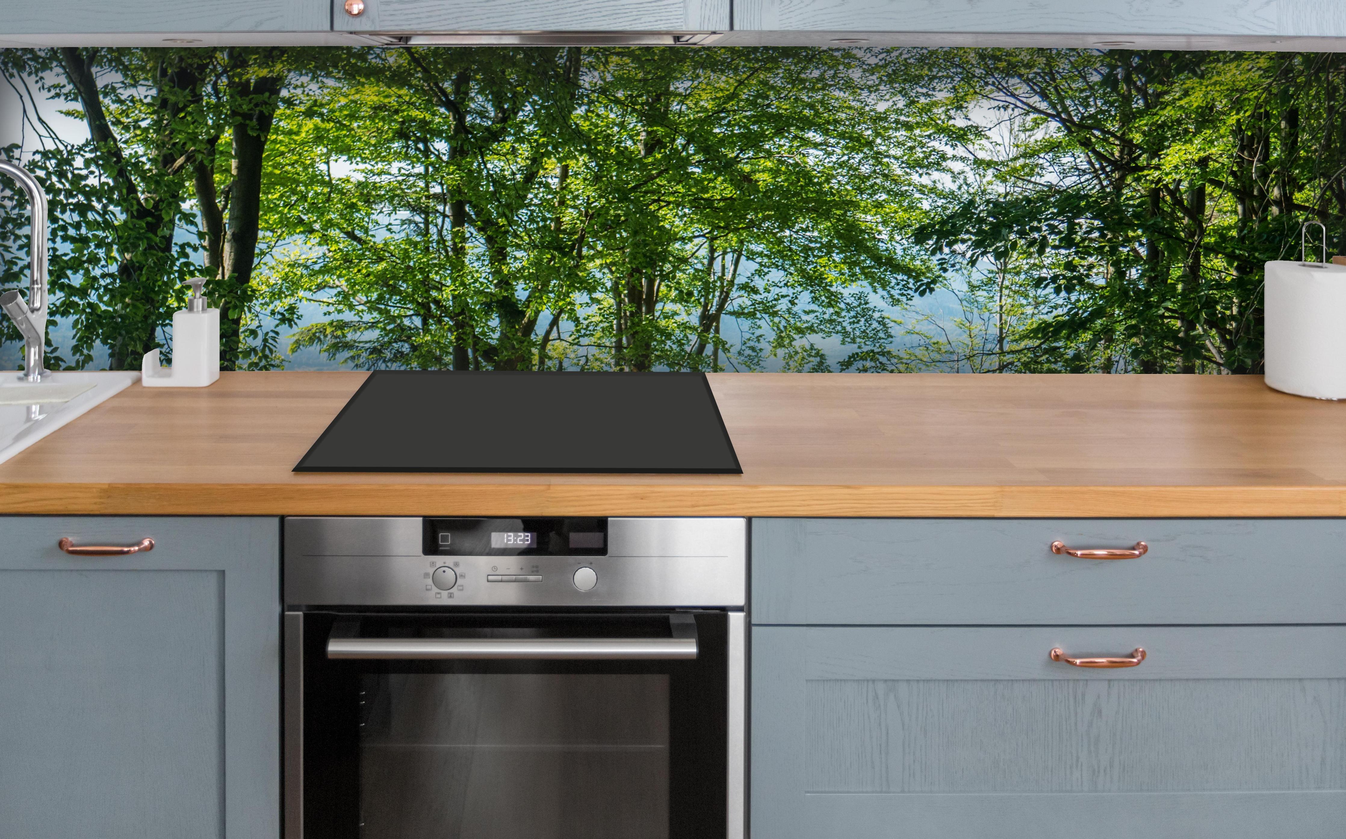 Küche - Waldweg Beskiden Polen über polierter Holzarbeitsplatte mit Cerankochfeld