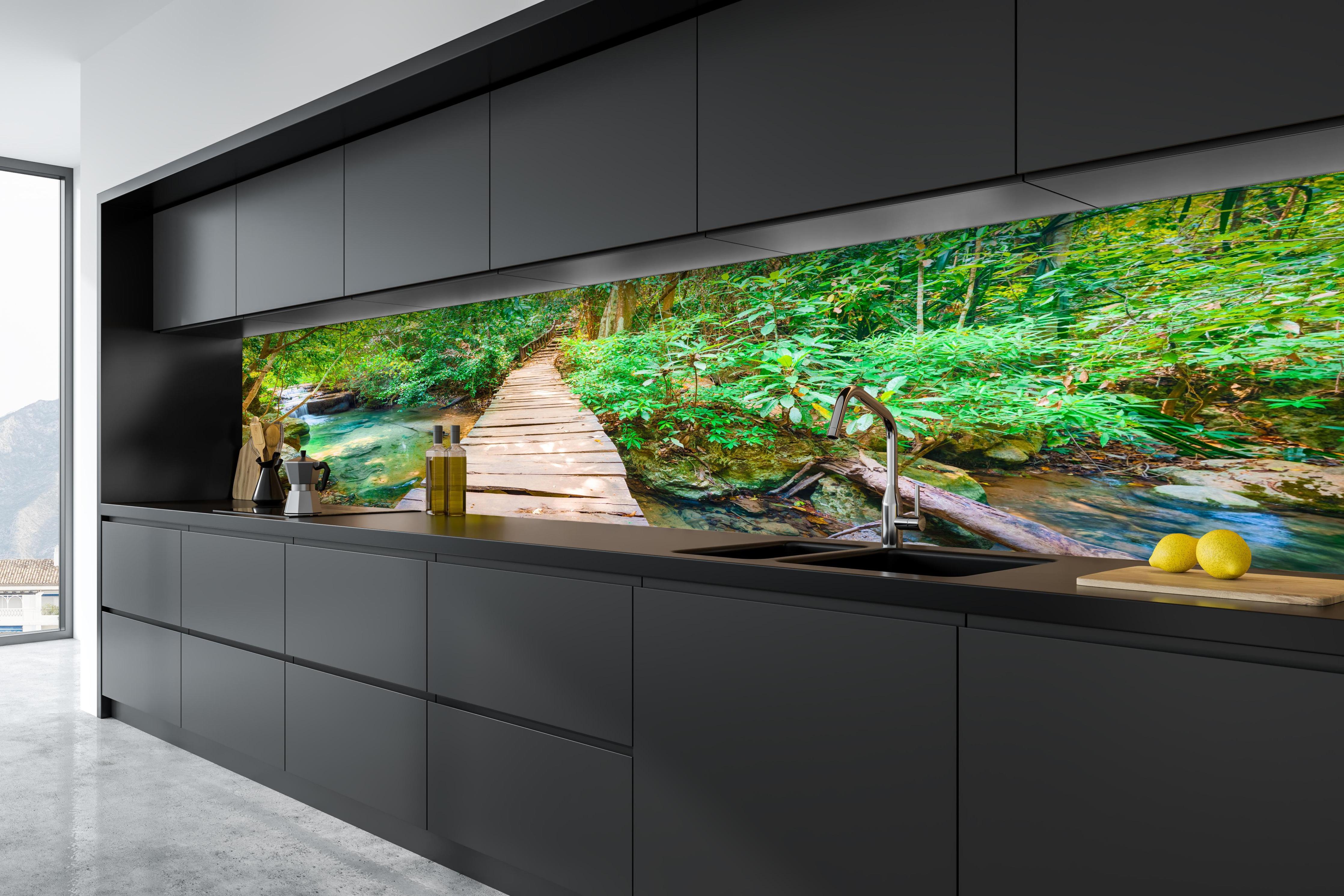 Küche - Wasserfall im Erawan-Nationalpark in tiefschwarzer matt-premium Einbauküche