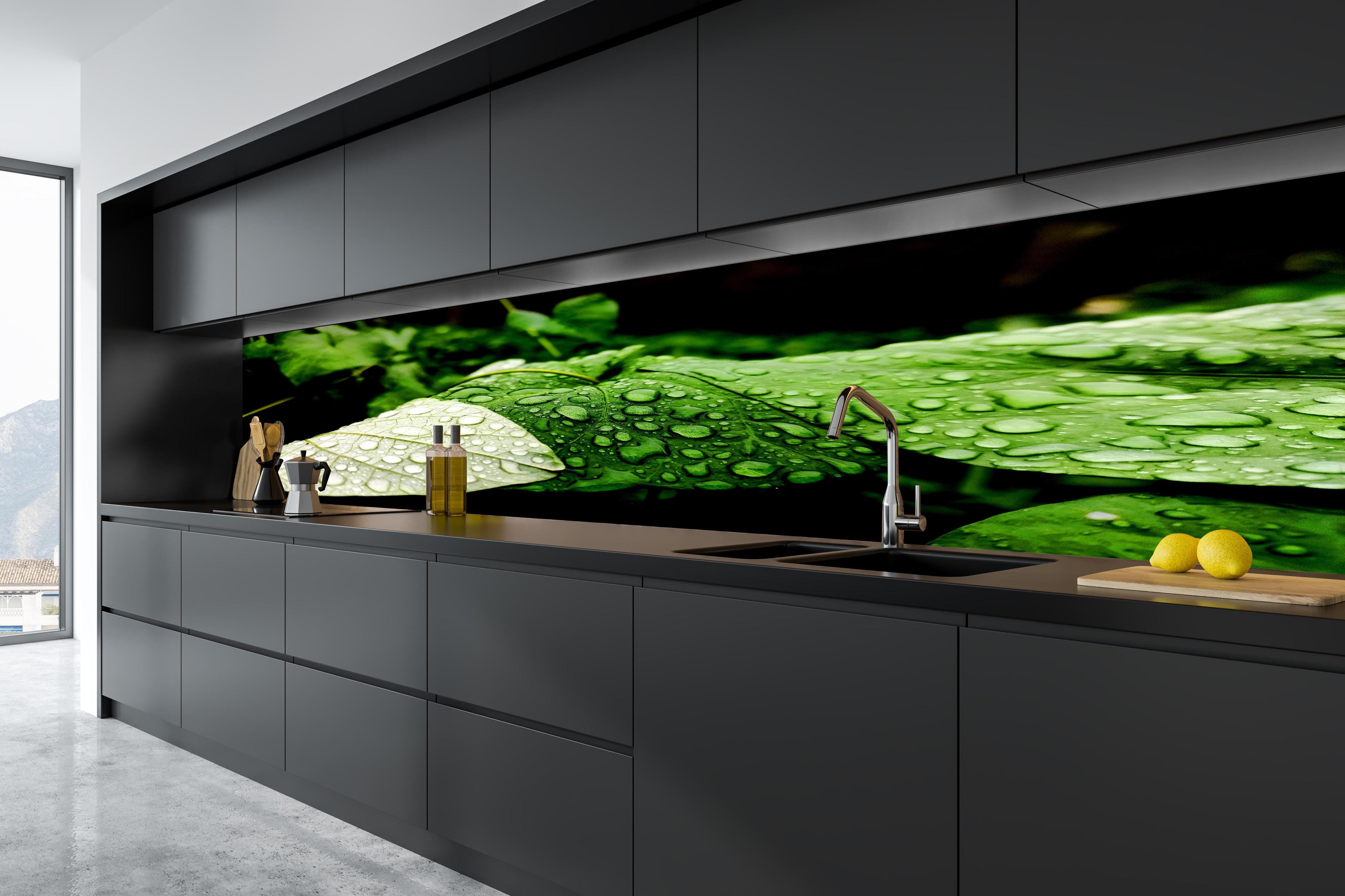 Küche - Wassertropfen auf einem Blatt in tiefschwarzer matt-premium Einbauküche