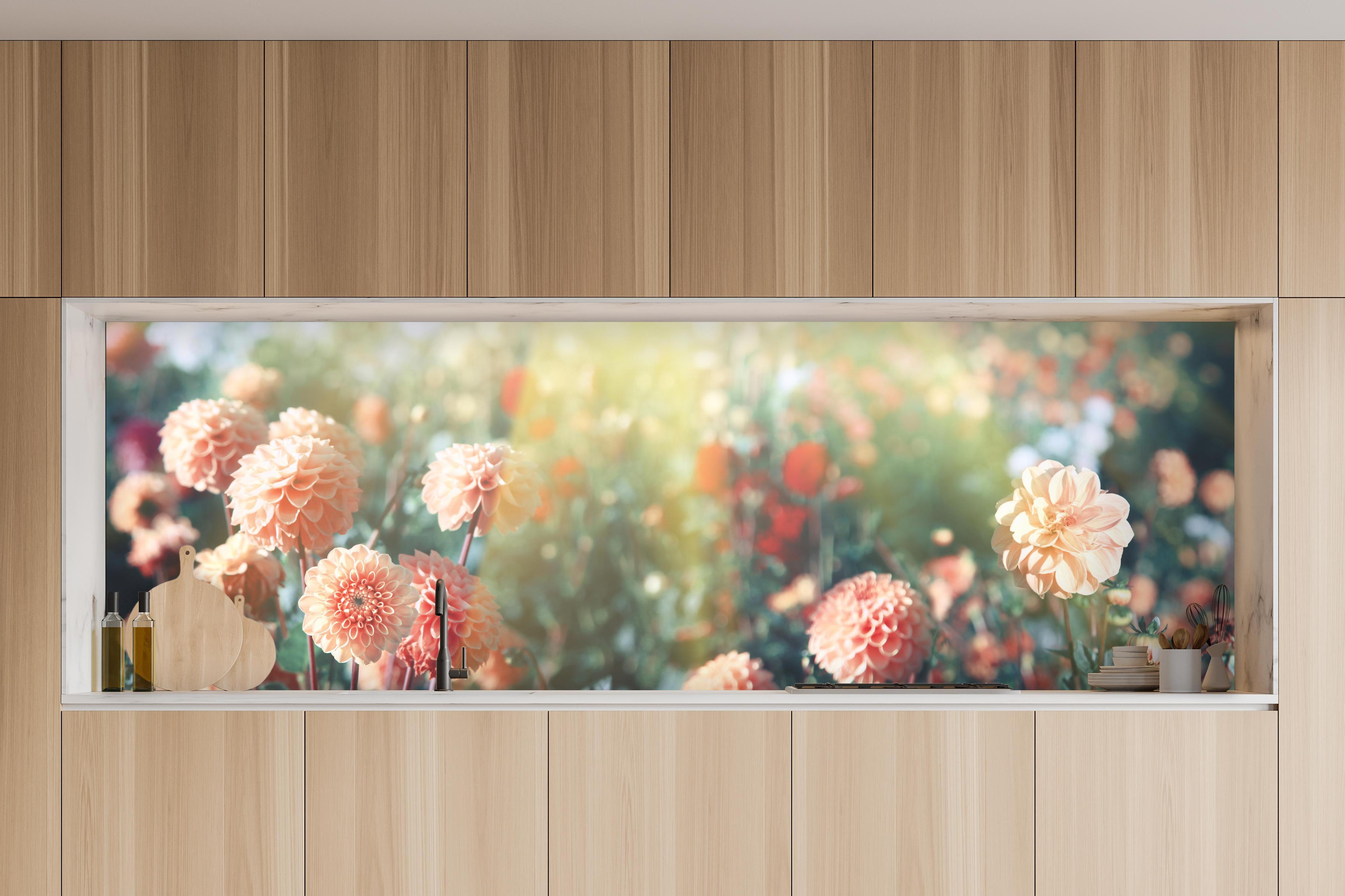 Küche - Wunderschöne Blumen im Sommer in charakteristischer Vollholz-Küche mit modernem Gasherd