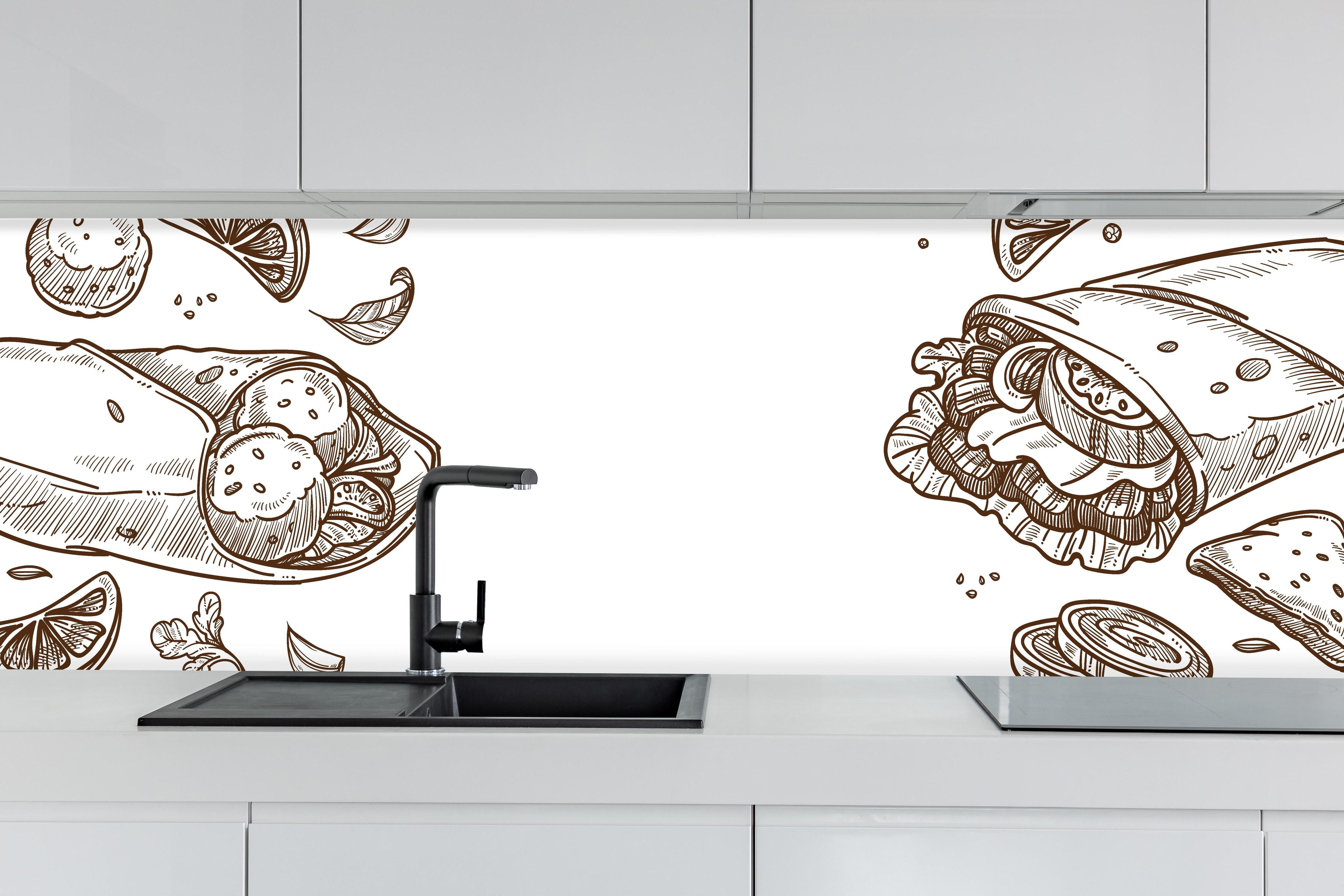 Küche - Künstlerische Wrap-Zeichnung in Schwarz-Weiß hinter weißen Hochglanz-Küchenregalen und schwarzem Wasserhahn