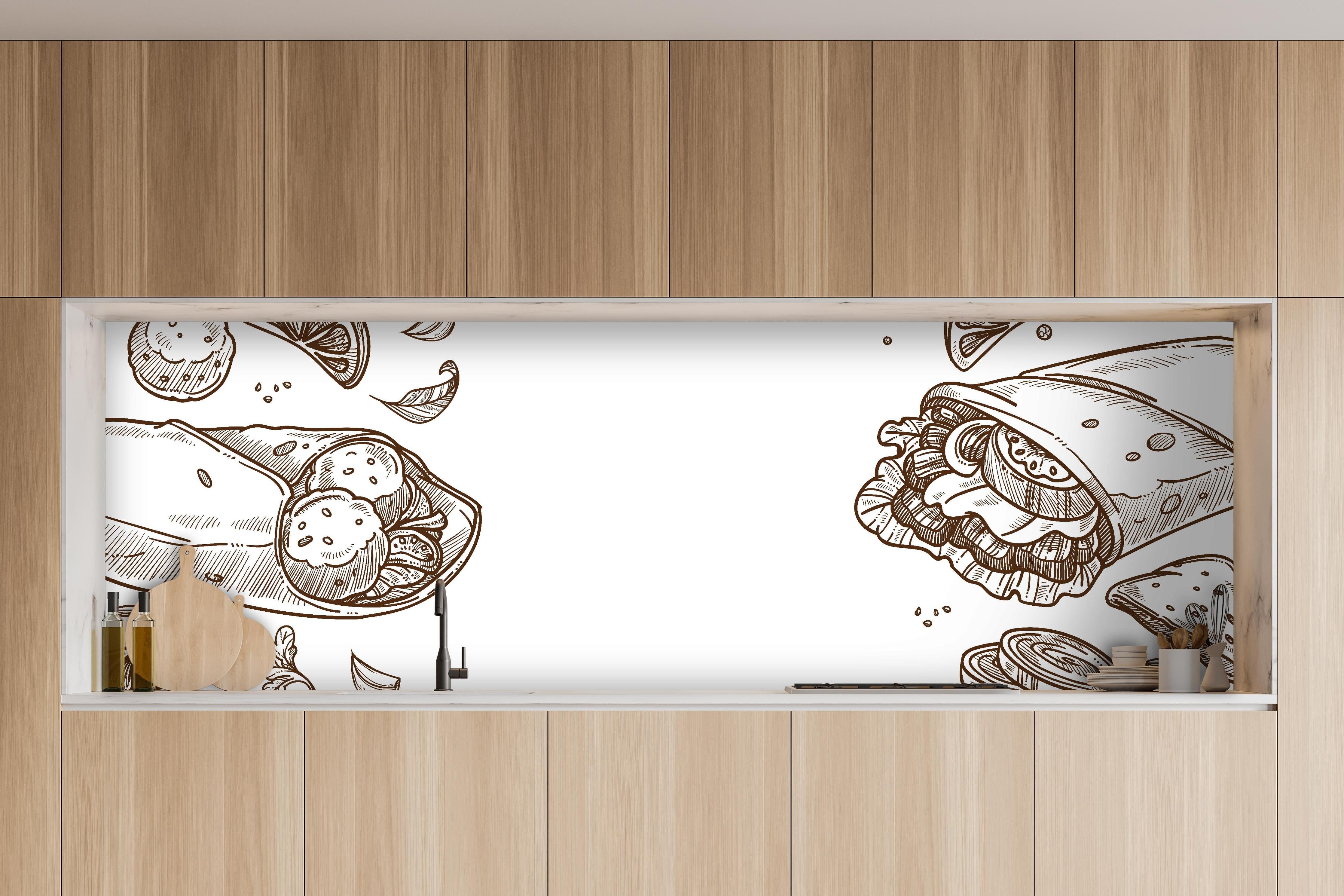 Küche - Künstlerische Wrap-Zeichnung in Schwarz-Weiß hinter weißen Hochglanz-Küchenregalen und schwarzem Wasserhahn