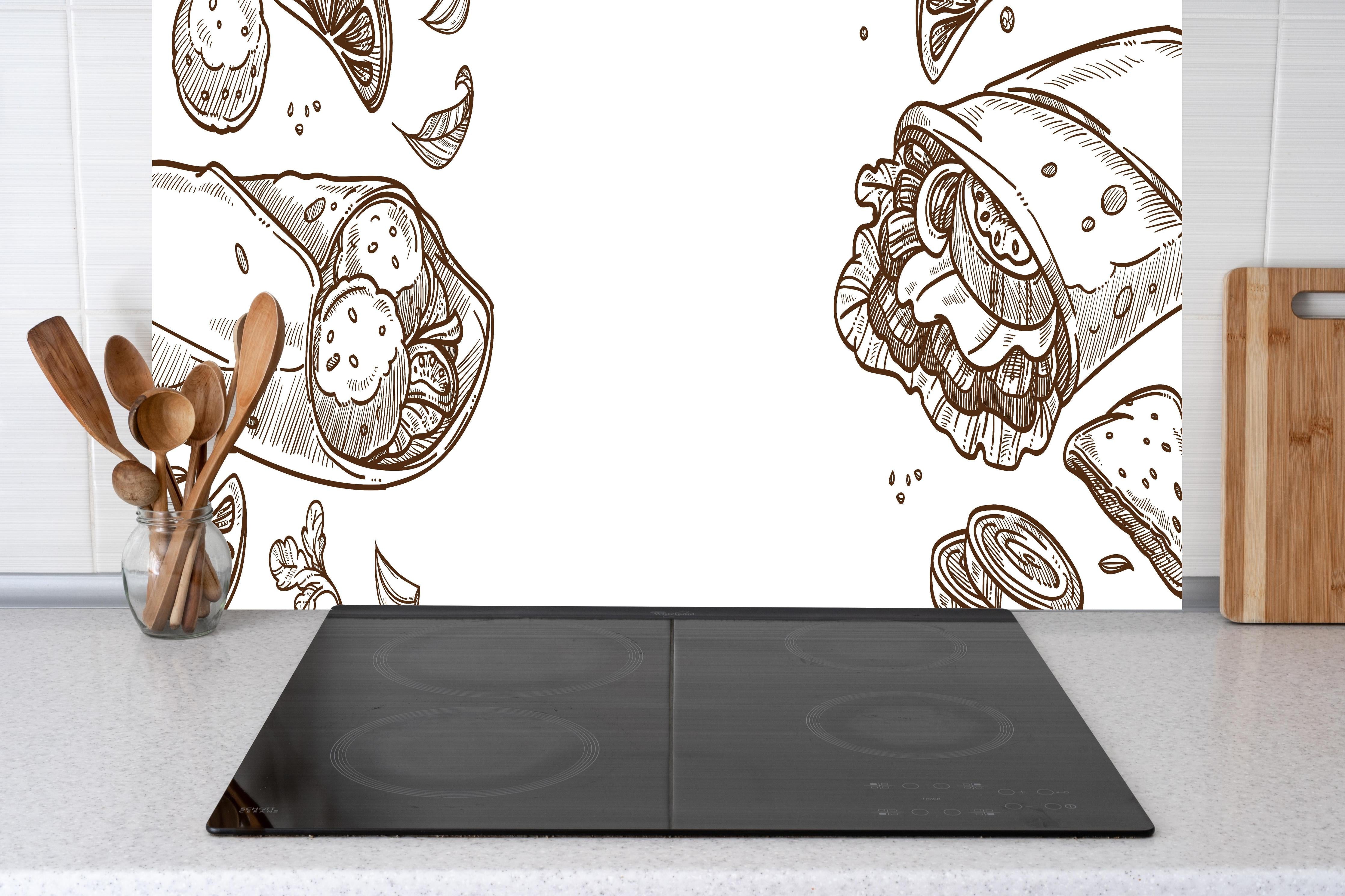 Küche - Künstlerische Wrap-Zeichnung in Schwarz-Weiß hinter weißen Hochglanz-Küchenregalen und schwarzem Wasserhahn