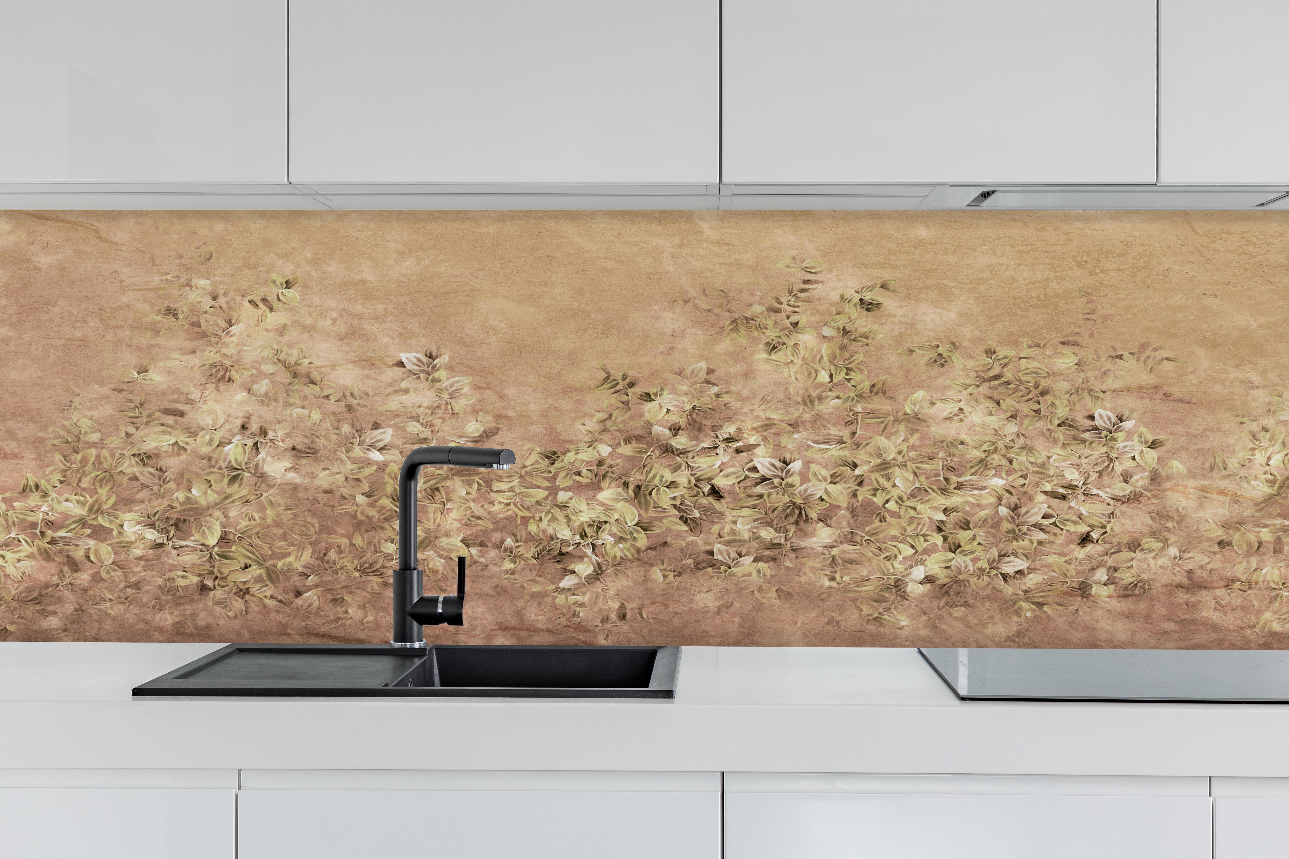 Küche - Kunstgemälde - Vintage hinter weißen Hochglanz-Küchenregalen und schwarzem Wasserhahn