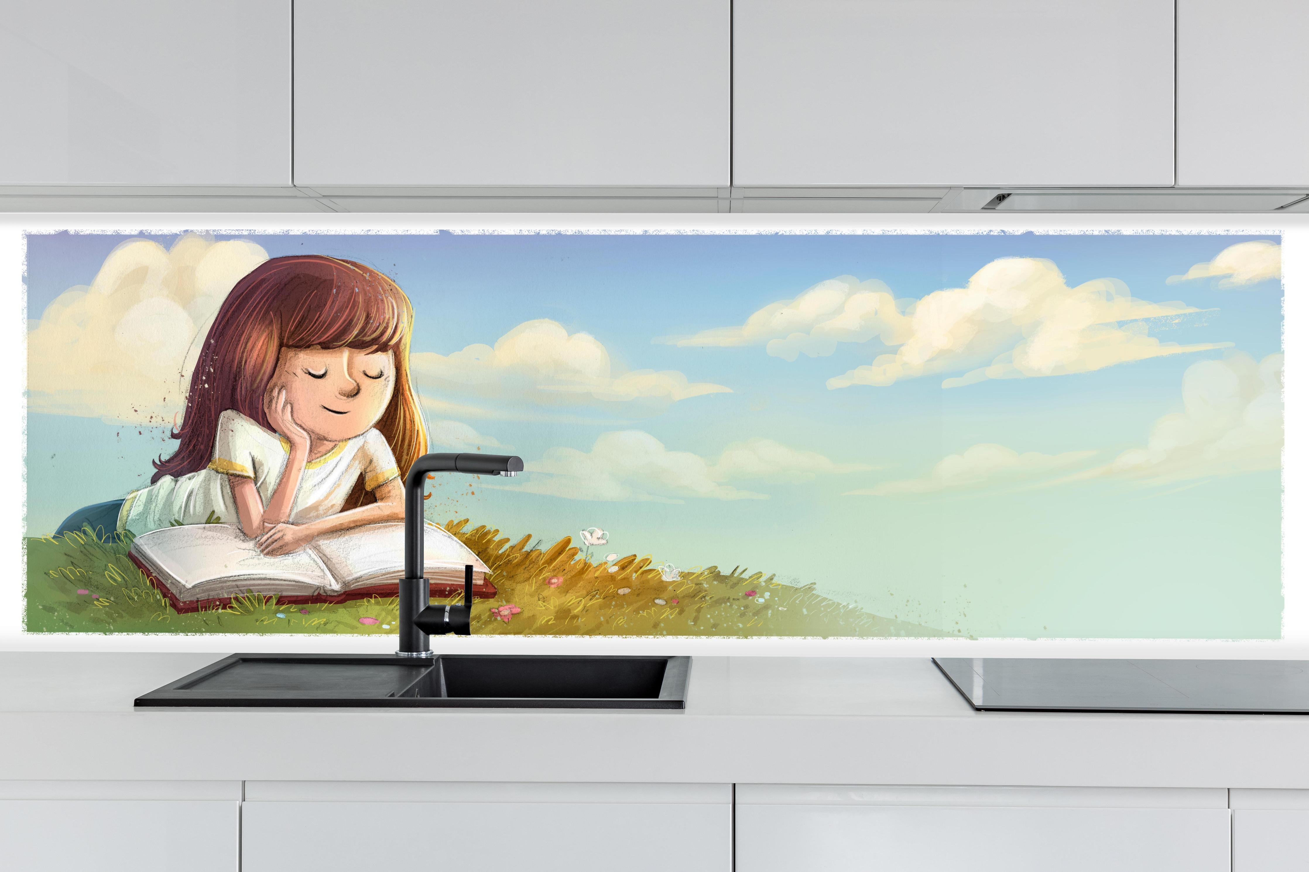 Küche - Lesendes Mädchen auf der Wiese hinter weißen Hochglanz-Küchenregalen und schwarzem Wasserhahn
