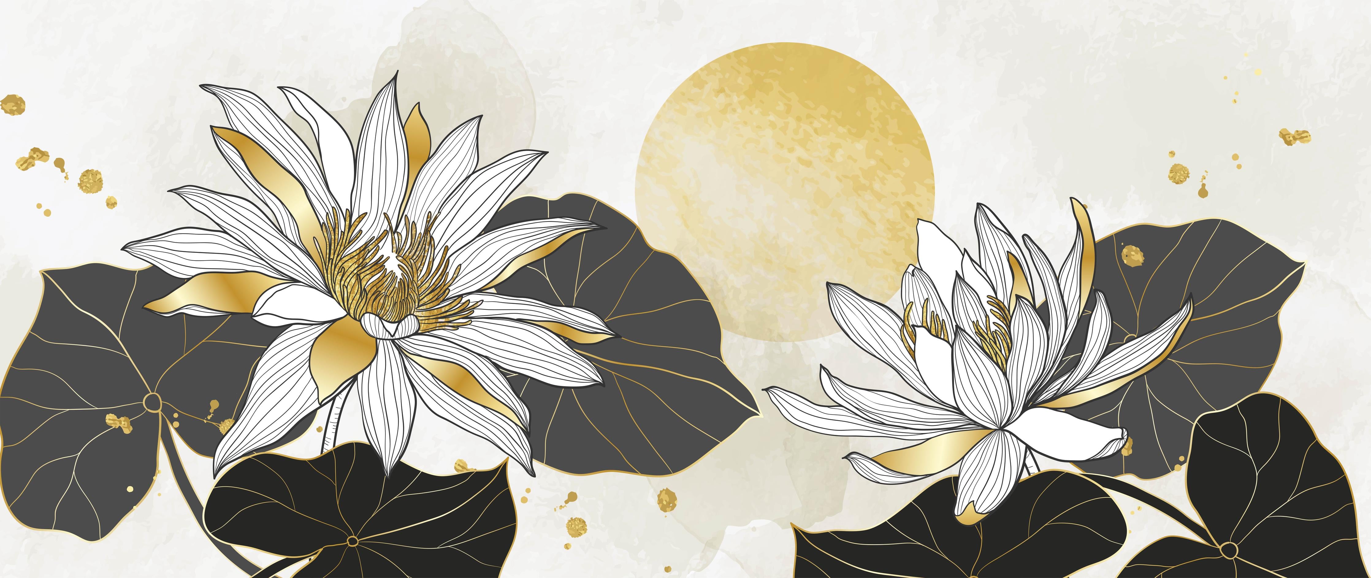 Küchenrückwand-Lotus Flower Lineart mit Goldakzenten