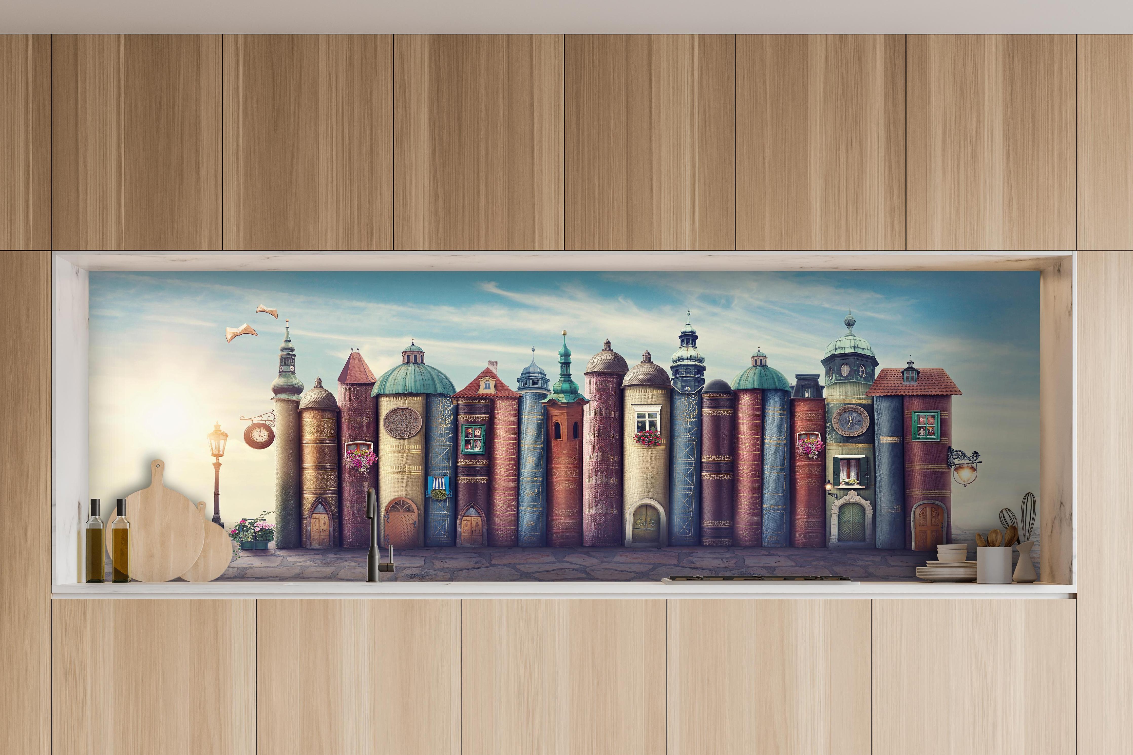 Küche - Magische Stadt aus Büchern hinter weißen Hochglanz-Küchenregalen und schwarzem Wasserhahn