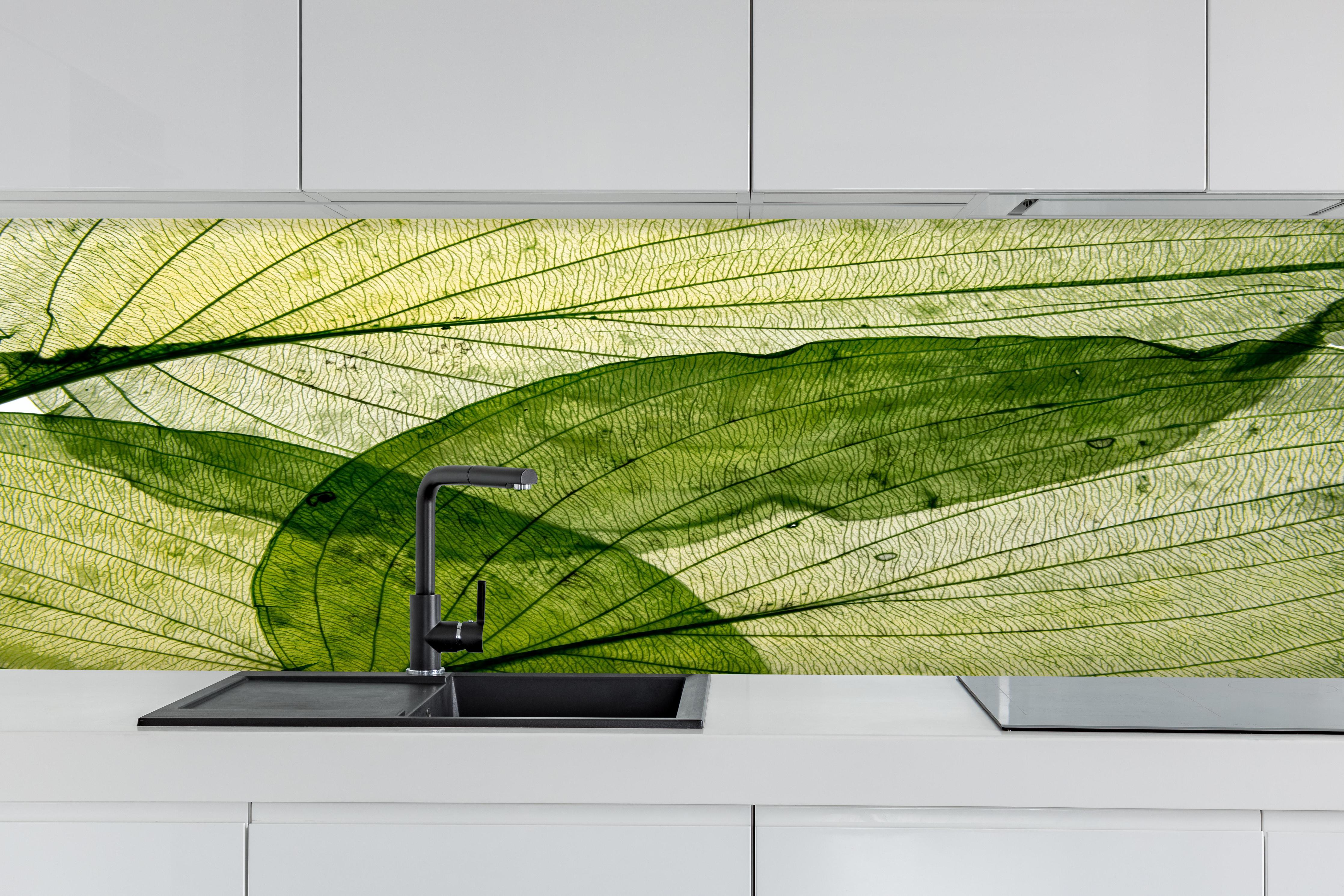 Küche - Makrotextur von herbstlich getrockneten Blättern hinter weißen Hochglanz-Küchenregalen und schwarzem Wasserhahn