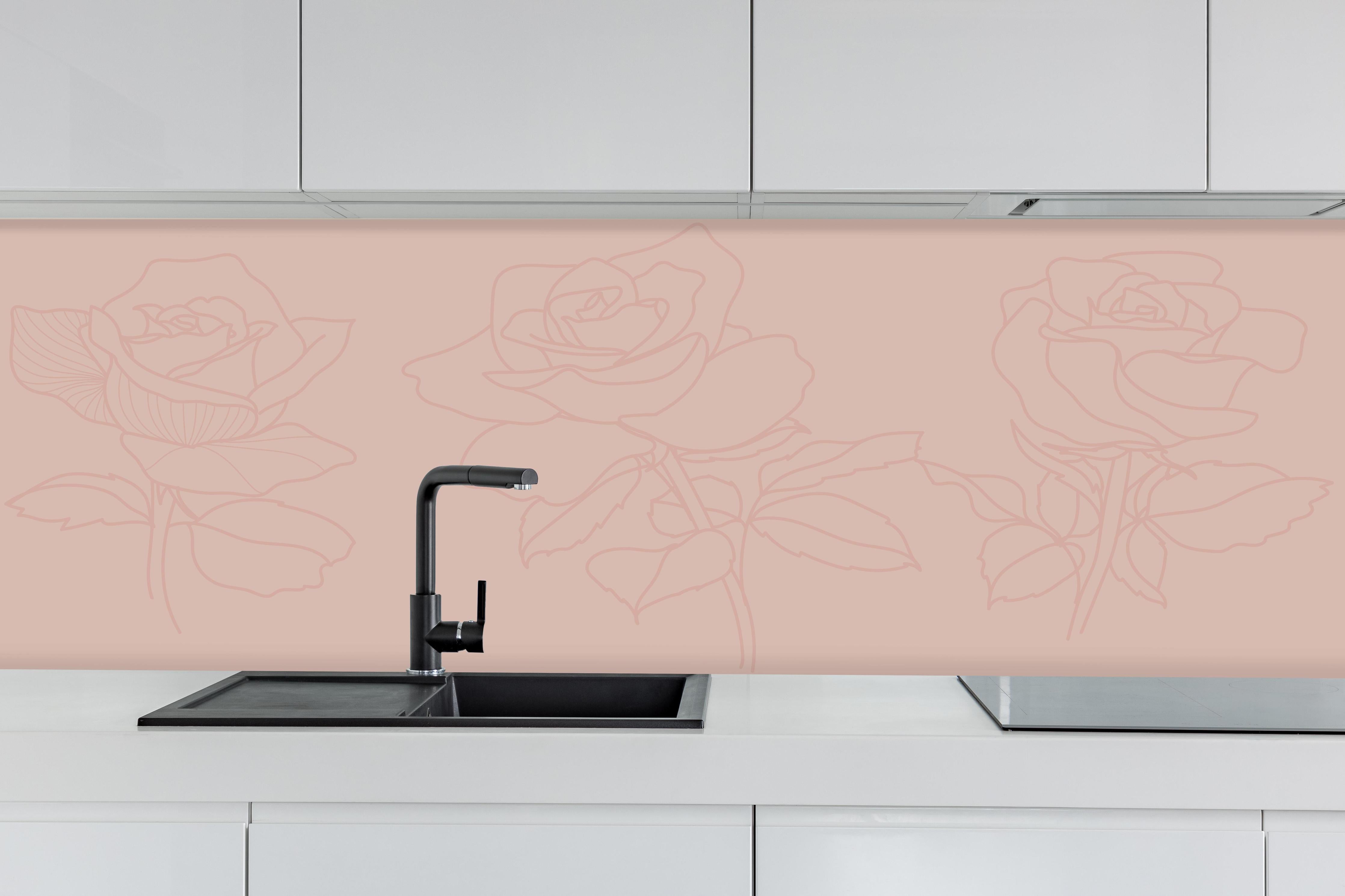 Küche - Minimalistische Rosa Linienrosen Illustration hinter weißen Hochglanz-Küchenregalen und schwarzem Wasserhahn