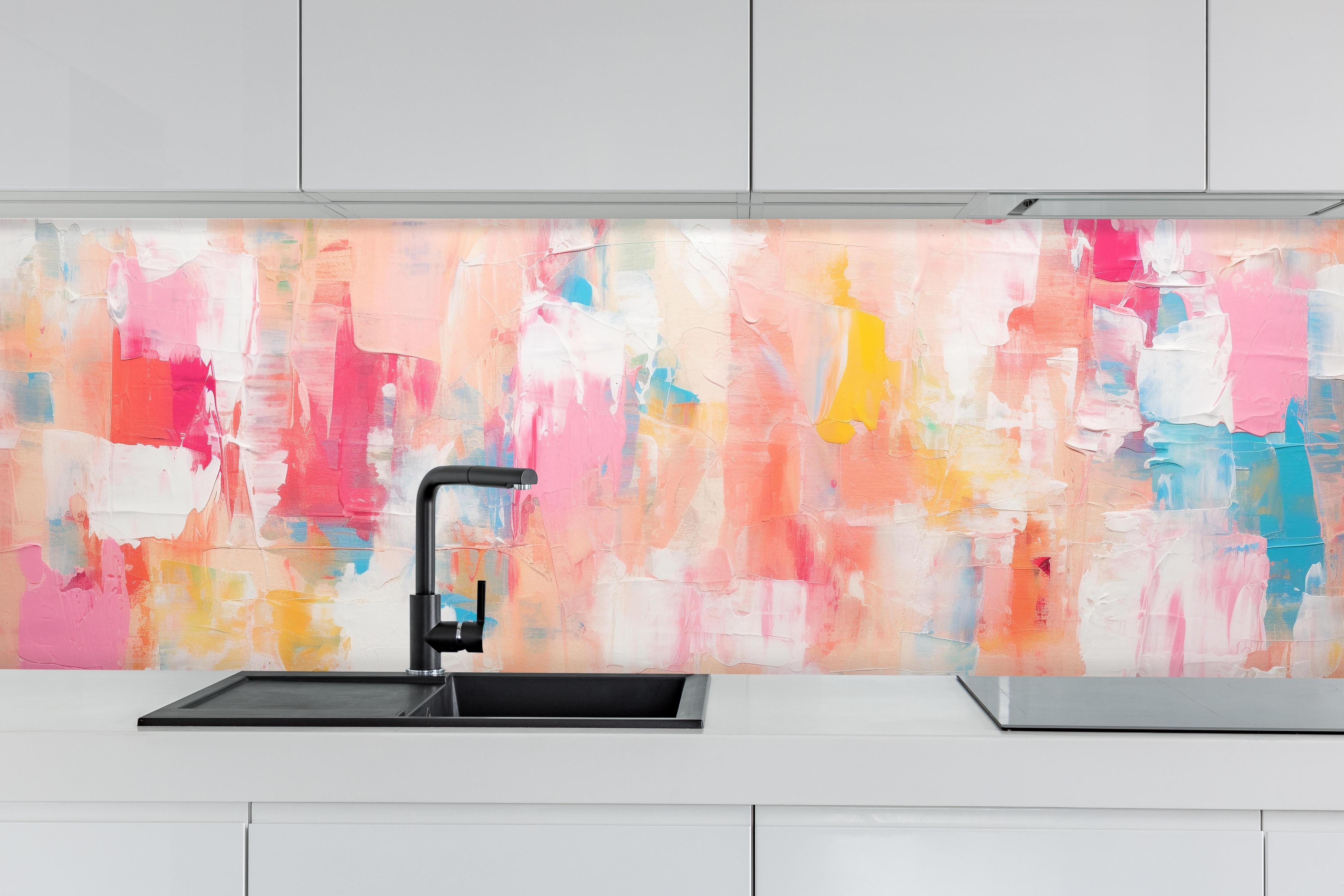 Küche - Moderne Abstrakte Malerei in Pastellfarben hinter weißen Hochglanz-Küchenregalen und schwarzem Wasserhahn