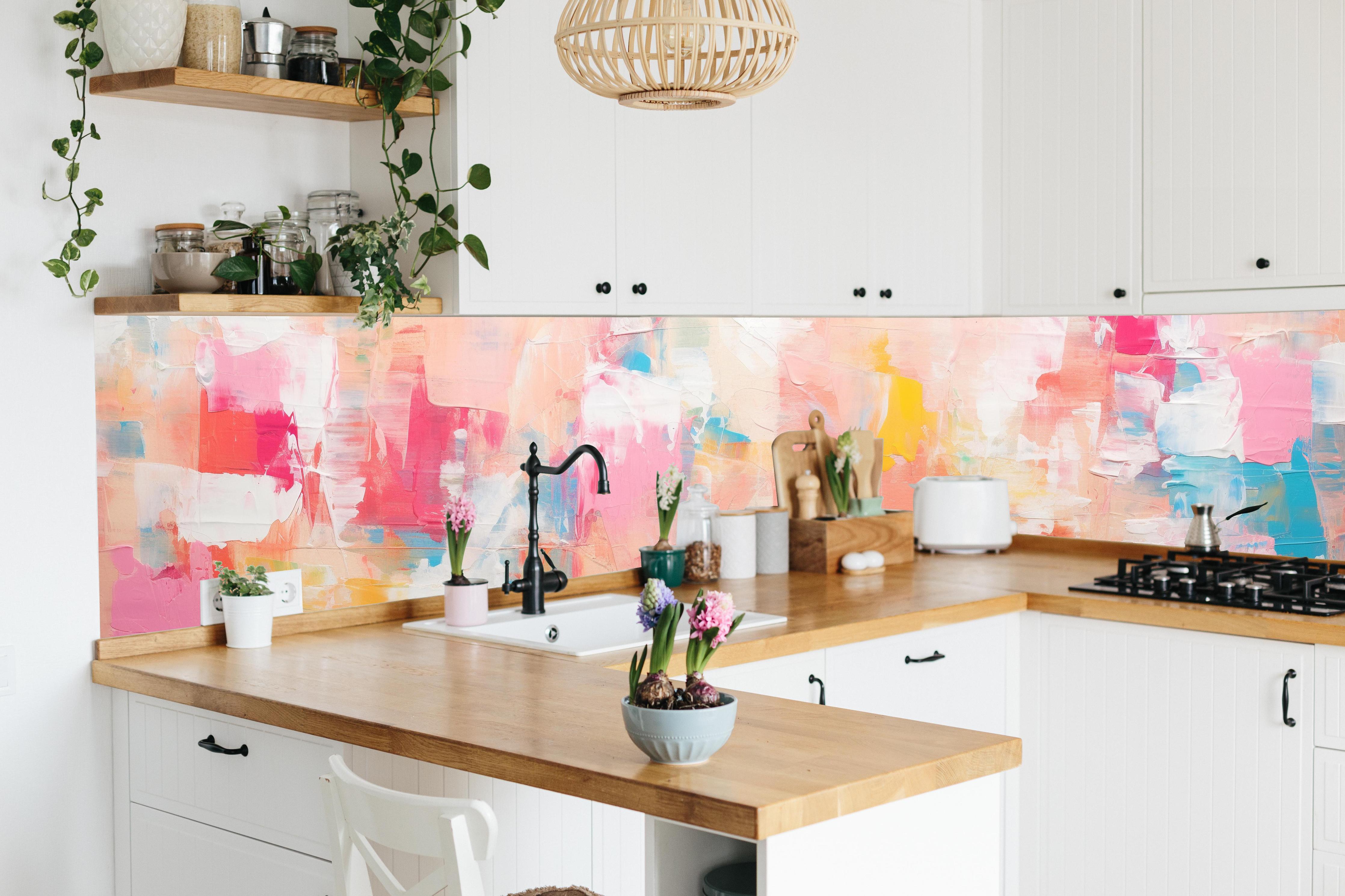 Küche - Moderne Abstrakte Malerei in Pastellfarben hinter weißen Hochglanz-Küchenregalen und schwarzem Wasserhahn