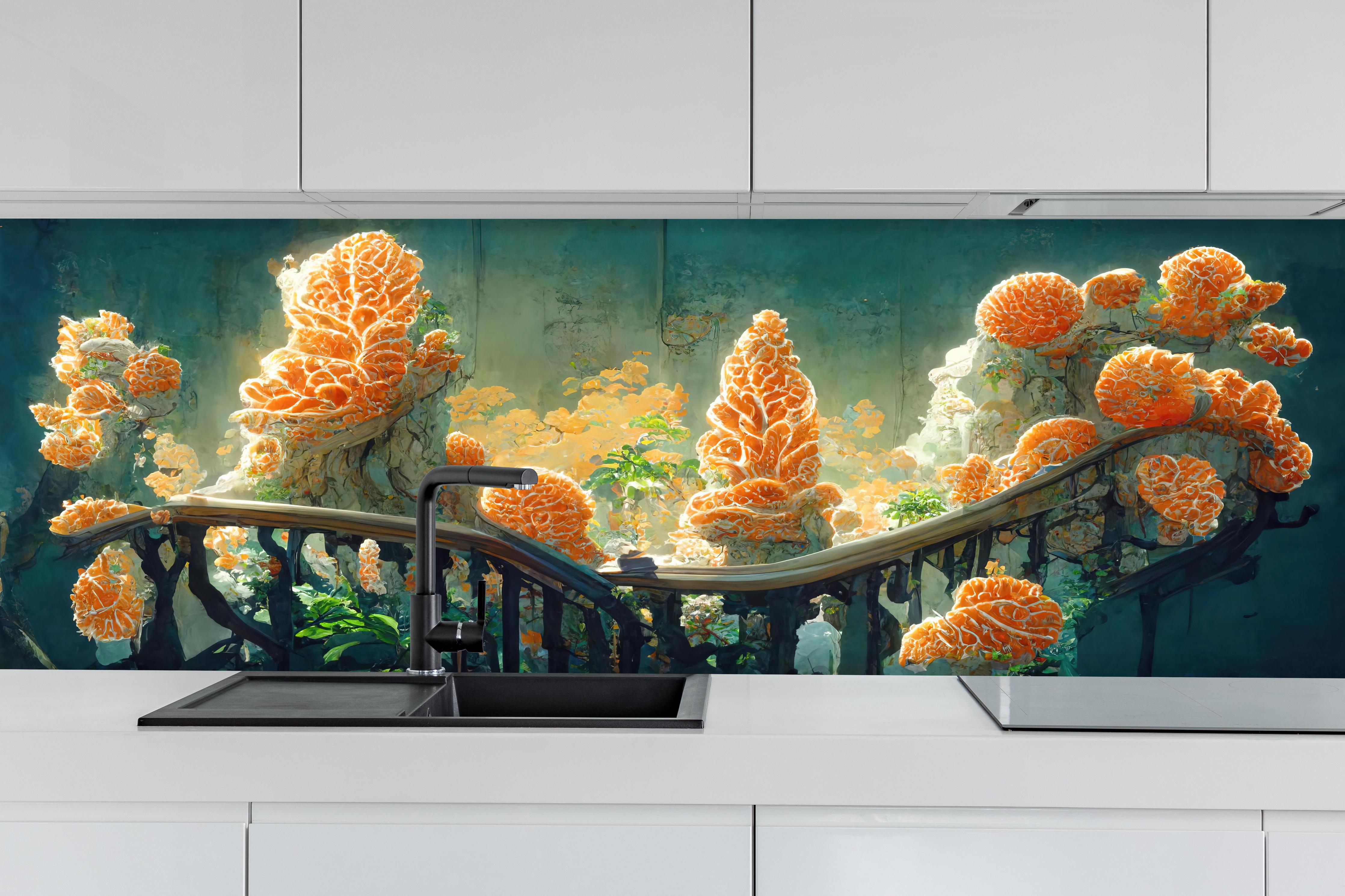 Küche - Moderne Kunst - Kakteen hinter weißen Hochglanz-Küchenregalen und schwarzem Wasserhahn