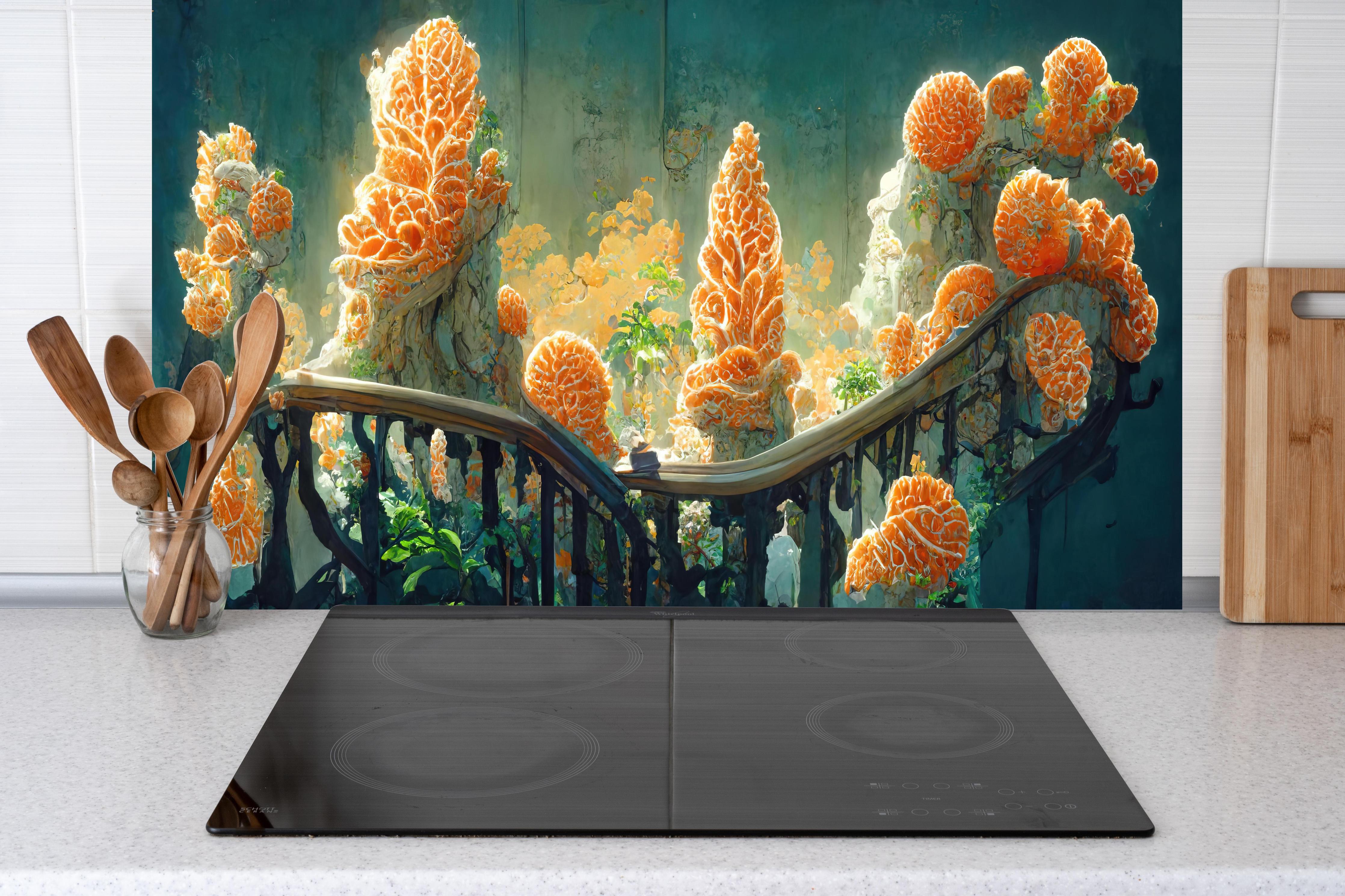 Küche - Moderne Kunst - Kakteen hinter weißen Hochglanz-Küchenregalen und schwarzem Wasserhahn