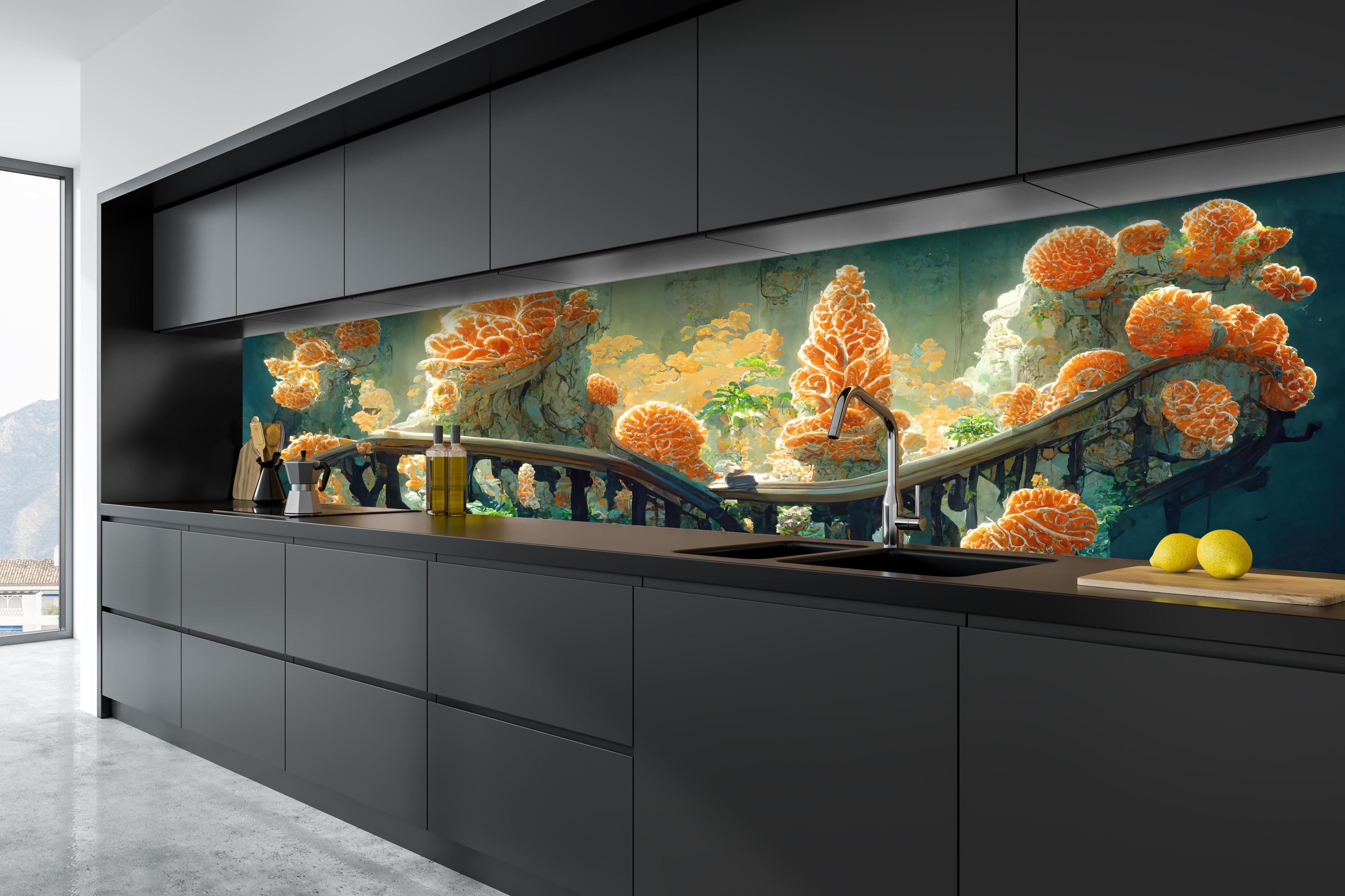 Küche - Moderne Kunst - Kakteen hinter weißen Hochglanz-Küchenregalen und schwarzem Wasserhahn