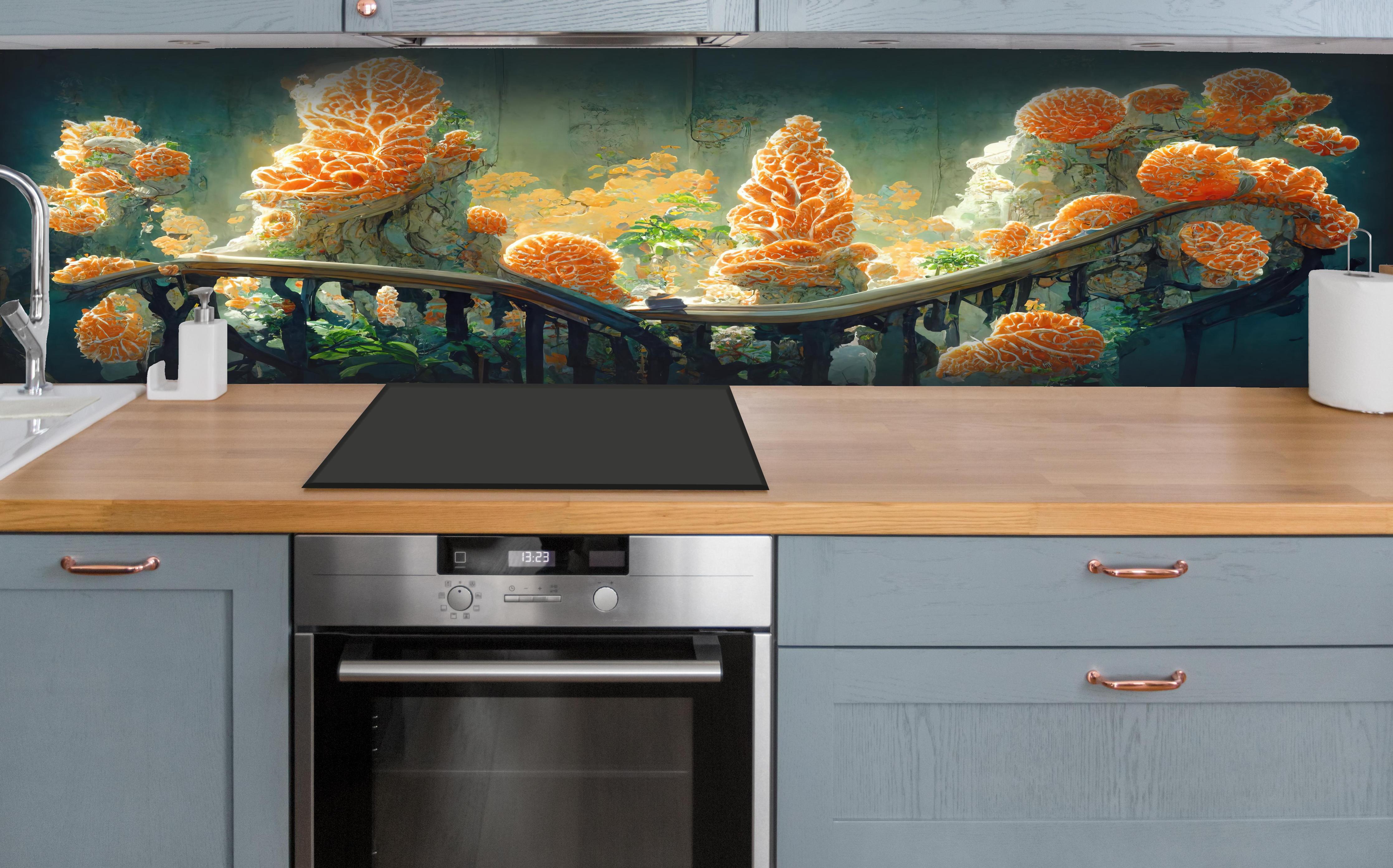 Küche - Moderne Kunst - Kakteen hinter weißen Hochglanz-Küchenregalen und schwarzem Wasserhahn