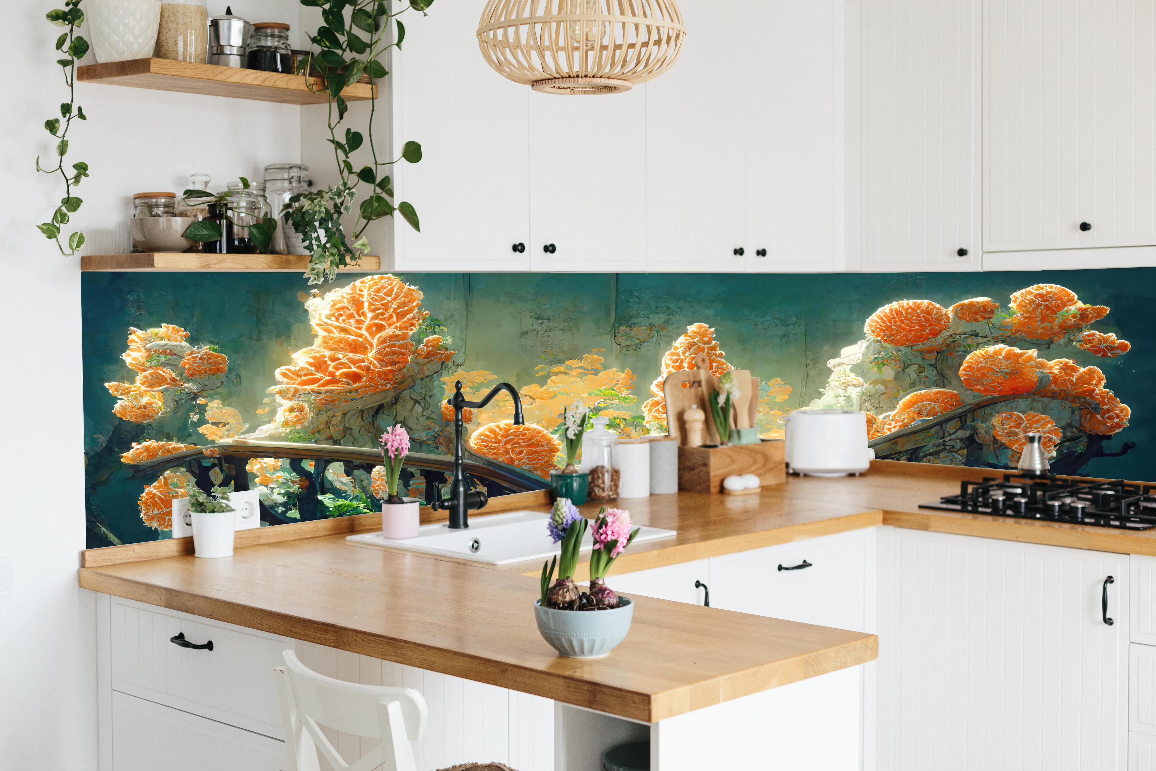 Küche - Moderne Kunst - Kakteen hinter weißen Hochglanz-Küchenregalen und schwarzem Wasserhahn