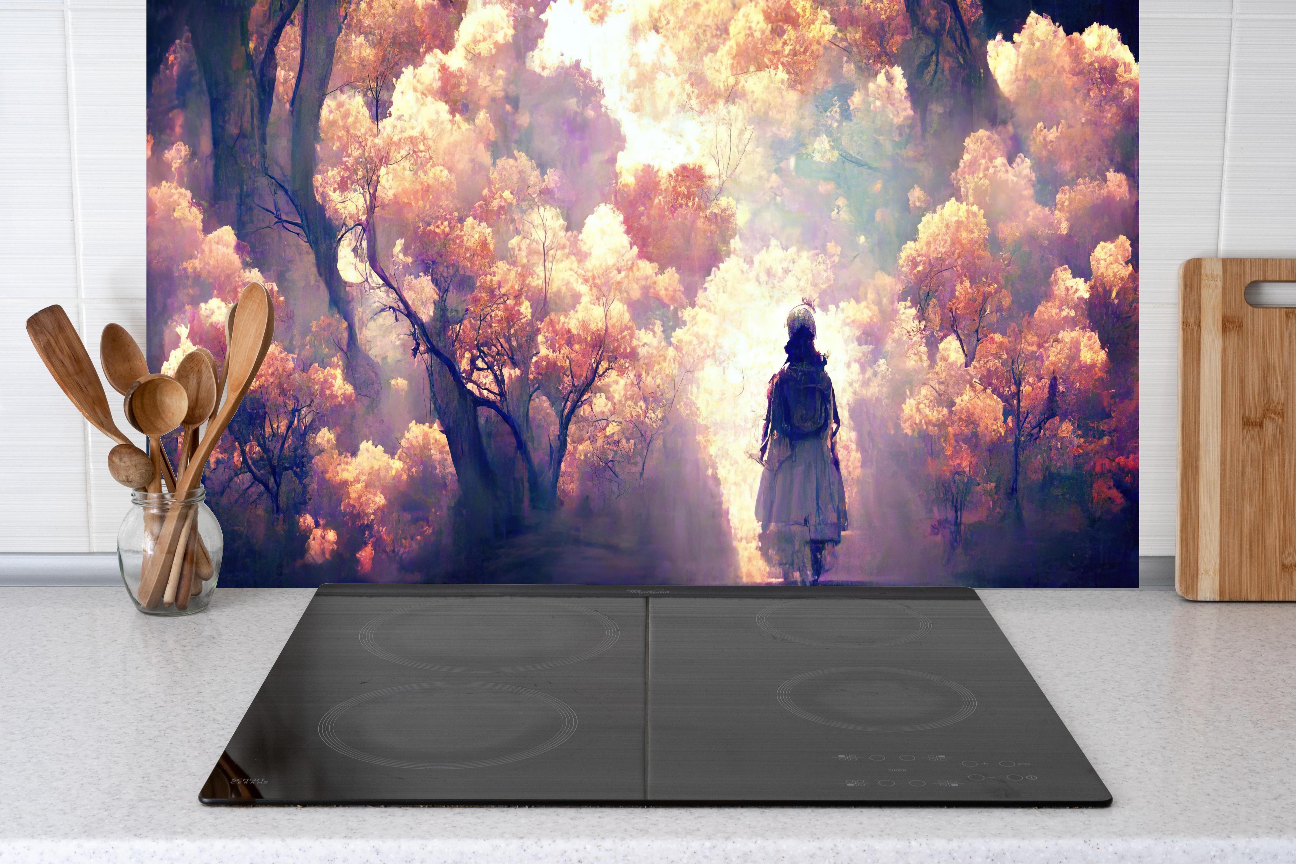 Küche - Moderne Kunst - Person in den Wäldern hinter weißen Hochglanz-Küchenregalen und schwarzem Wasserhahn