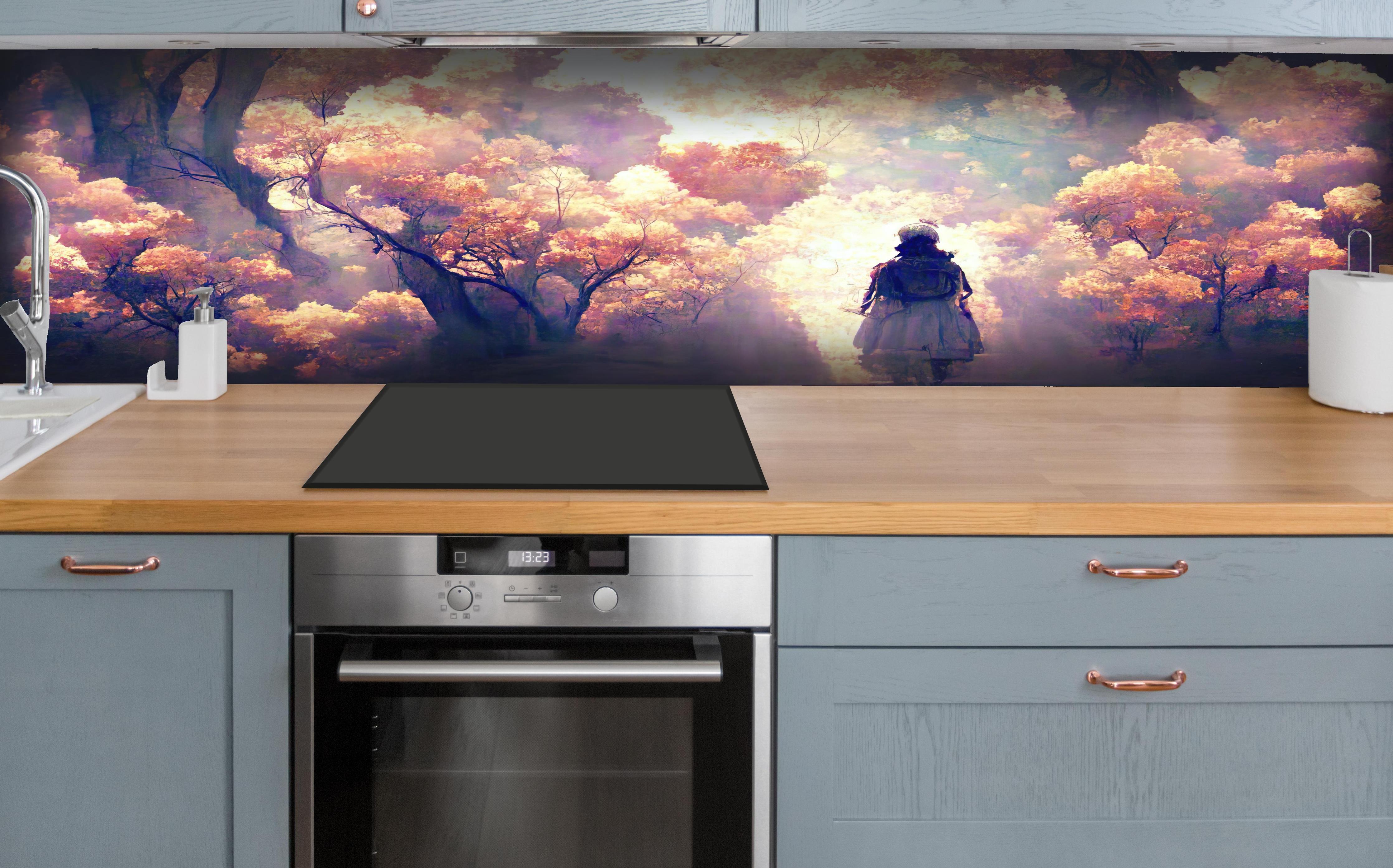 Küche - Moderne Kunst - Person in den Wäldern hinter weißen Hochglanz-Küchenregalen und schwarzem Wasserhahn