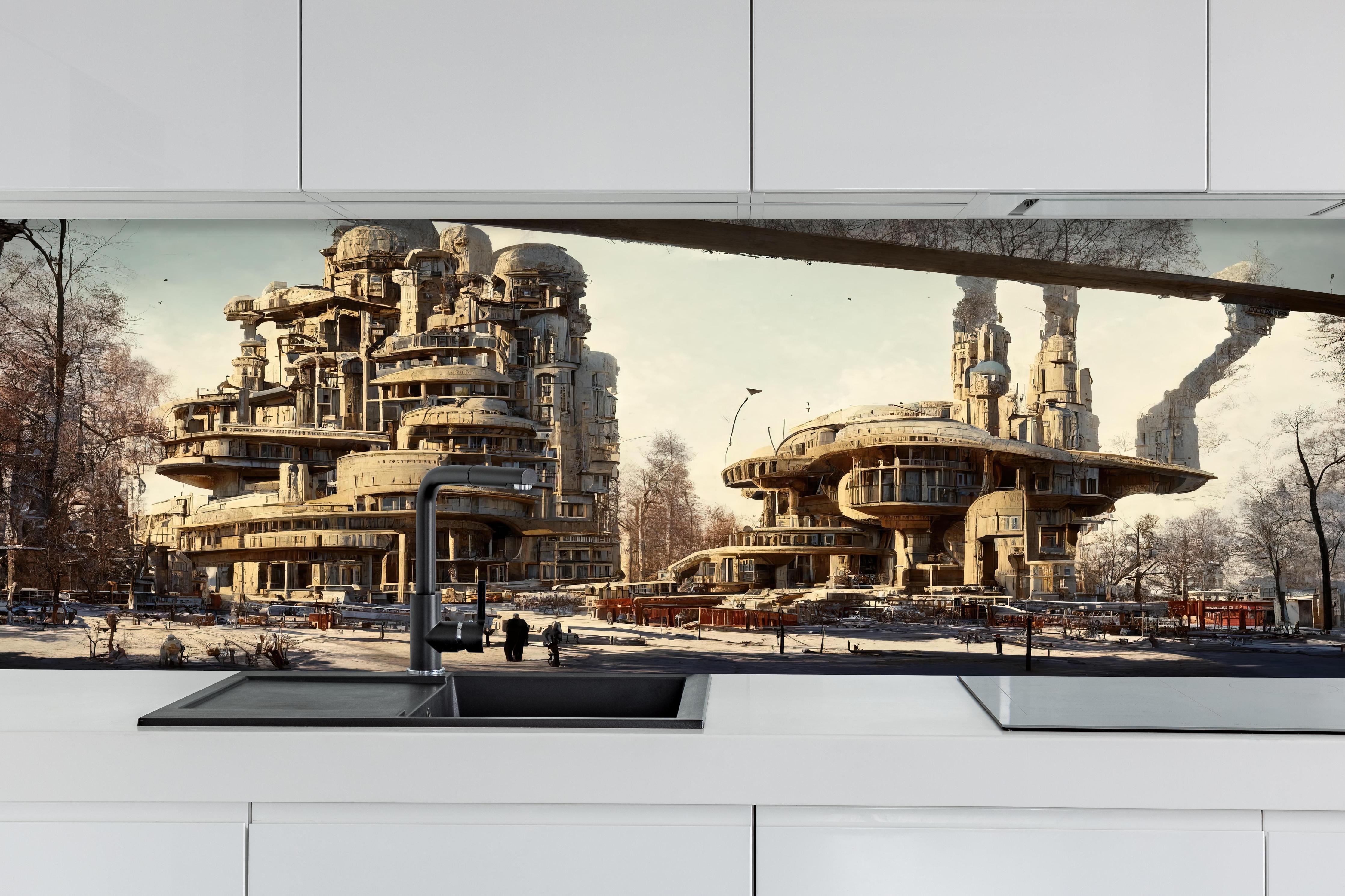 Küche - Moderne Stadt in der Zukunft hinter weißen Hochglanz-Küchenregalen und schwarzem Wasserhahn