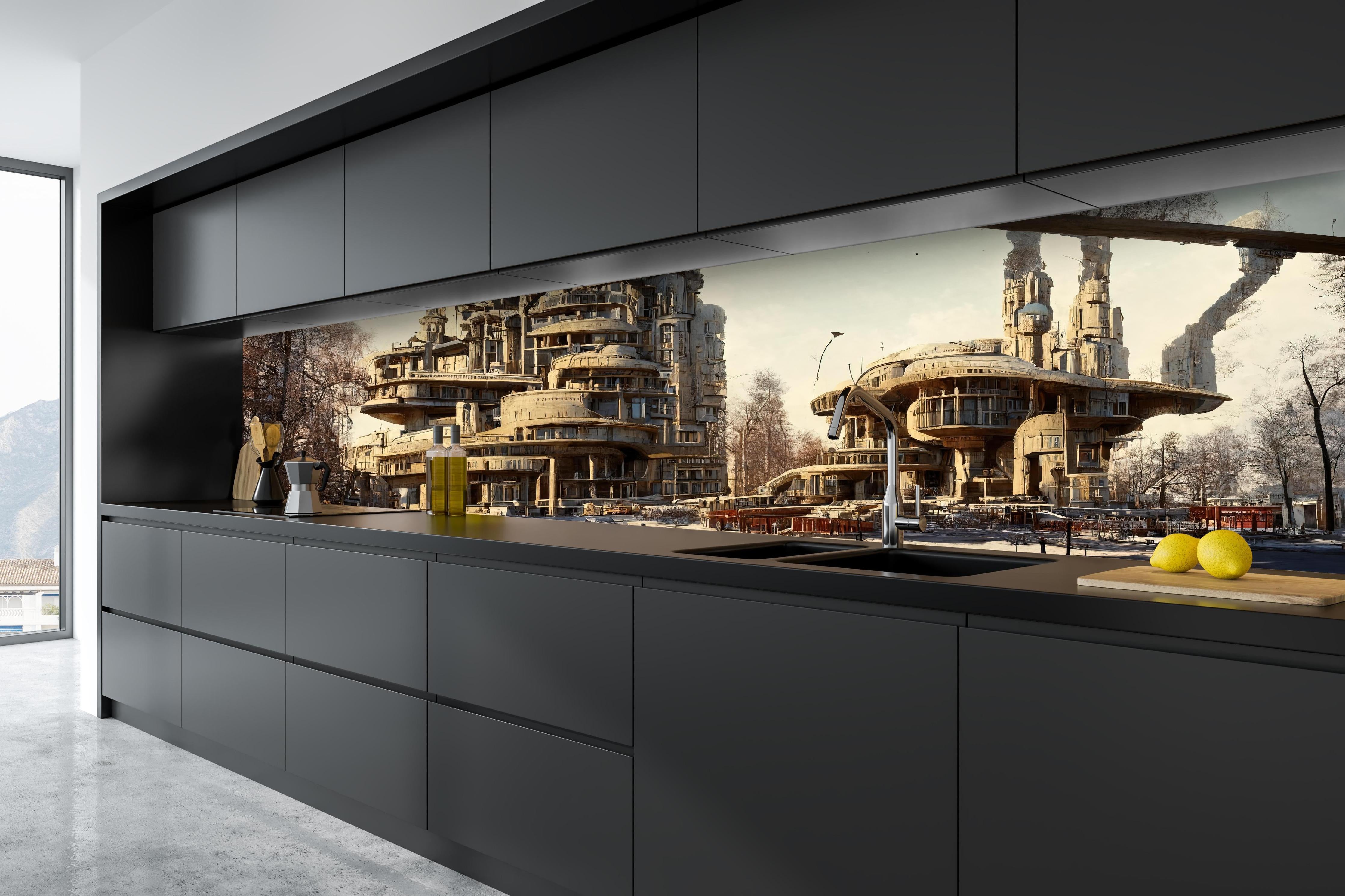 Küche - Moderne Stadt in der Zukunft hinter weißen Hochglanz-Küchenregalen und schwarzem Wasserhahn