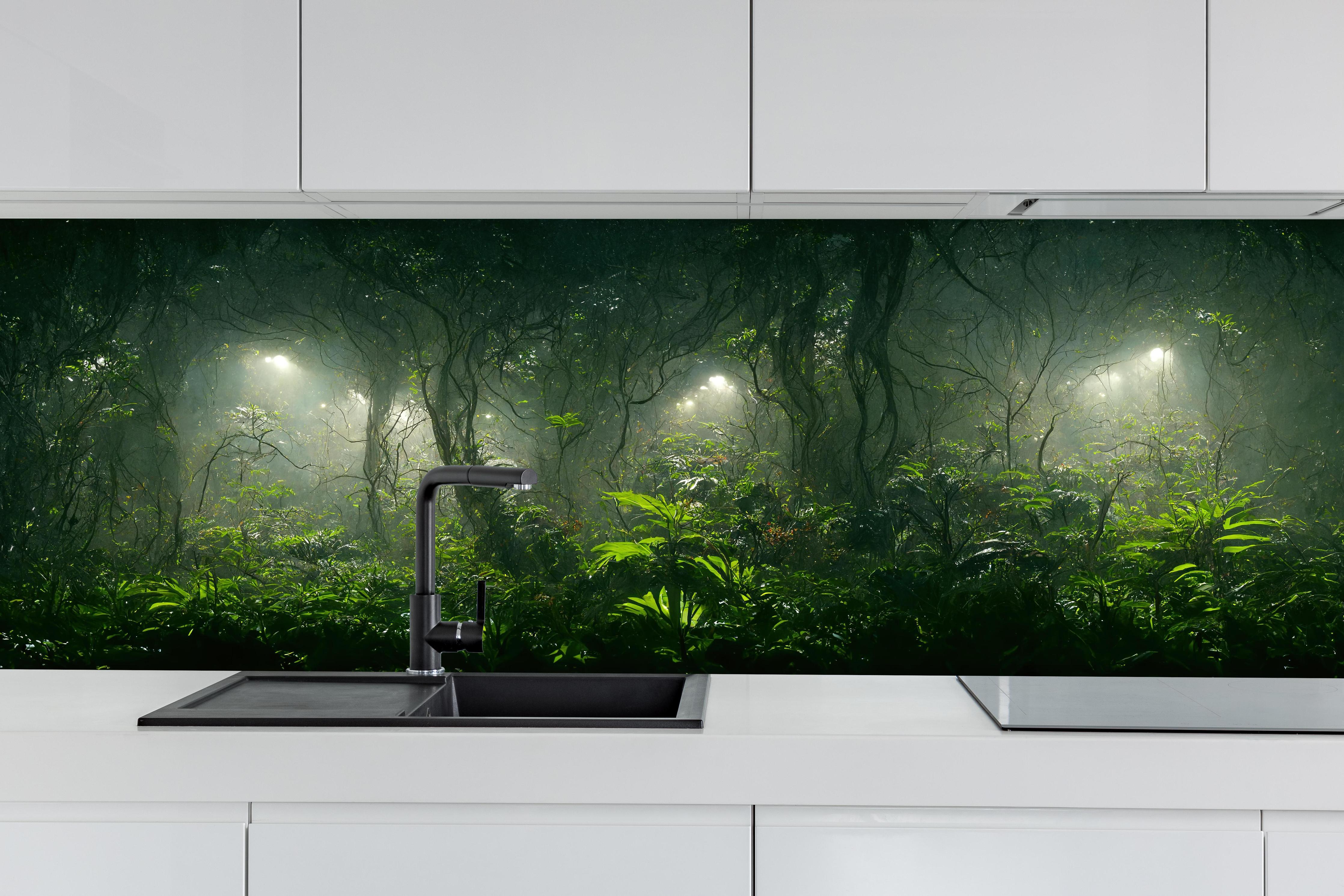 Küche - Nachtlandschaft des Dschungels hinter weißen Hochglanz-Küchenregalen und schwarzem Wasserhahn