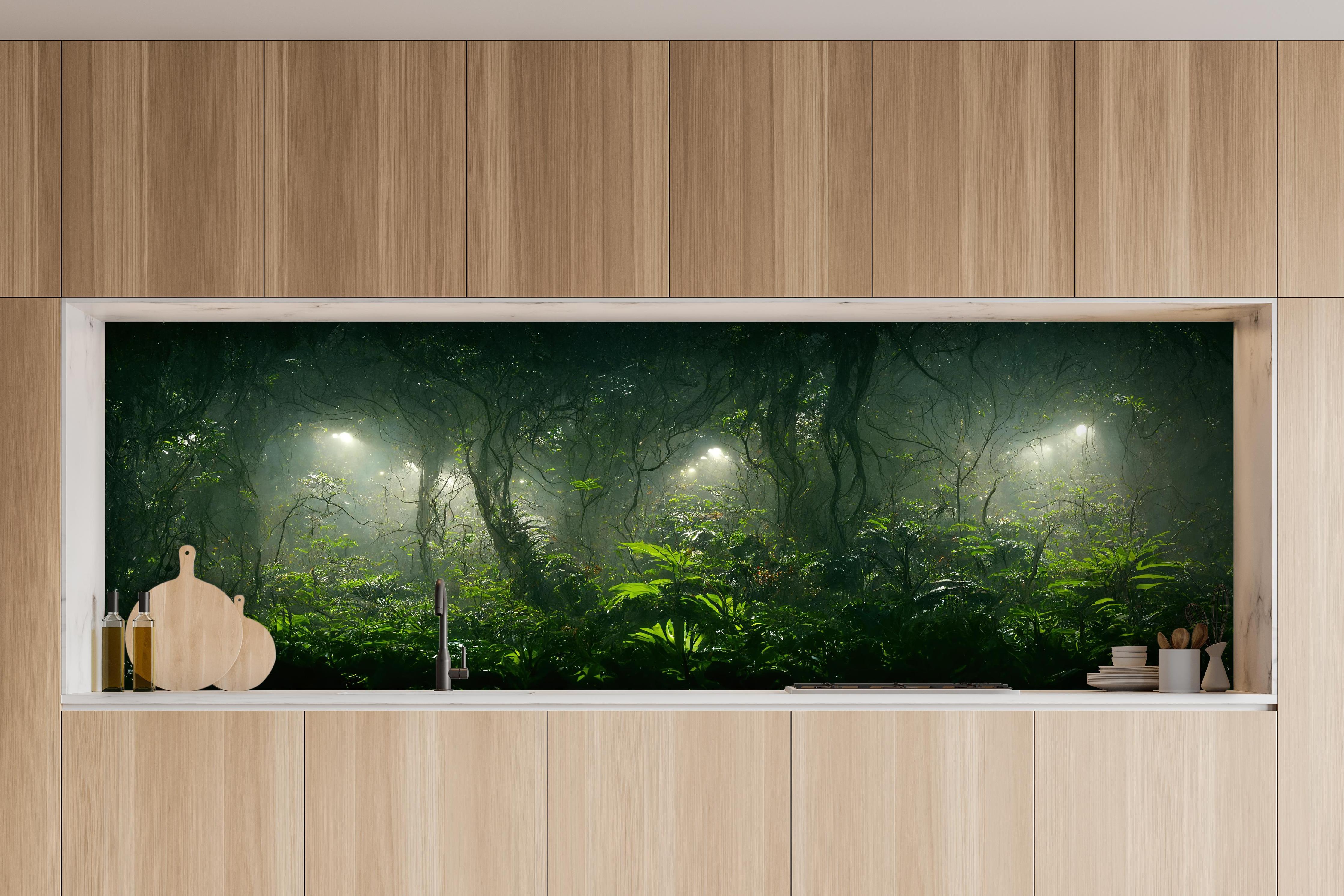 Küche - Nachtlandschaft des Dschungels hinter weißen Hochglanz-Küchenregalen und schwarzem Wasserhahn