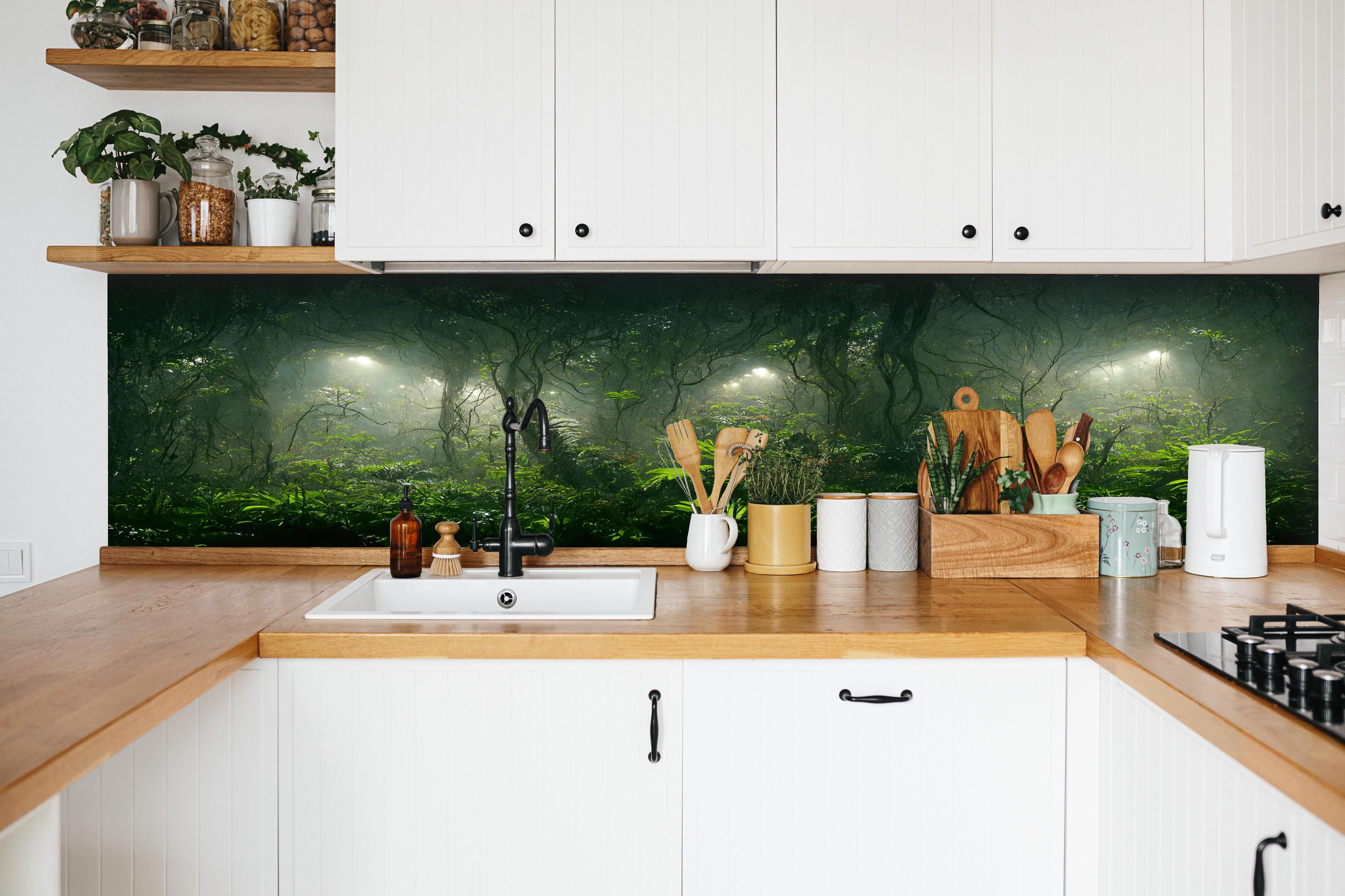 Küche - Nachtlandschaft des Dschungels hinter weißen Hochglanz-Küchenregalen und schwarzem Wasserhahn