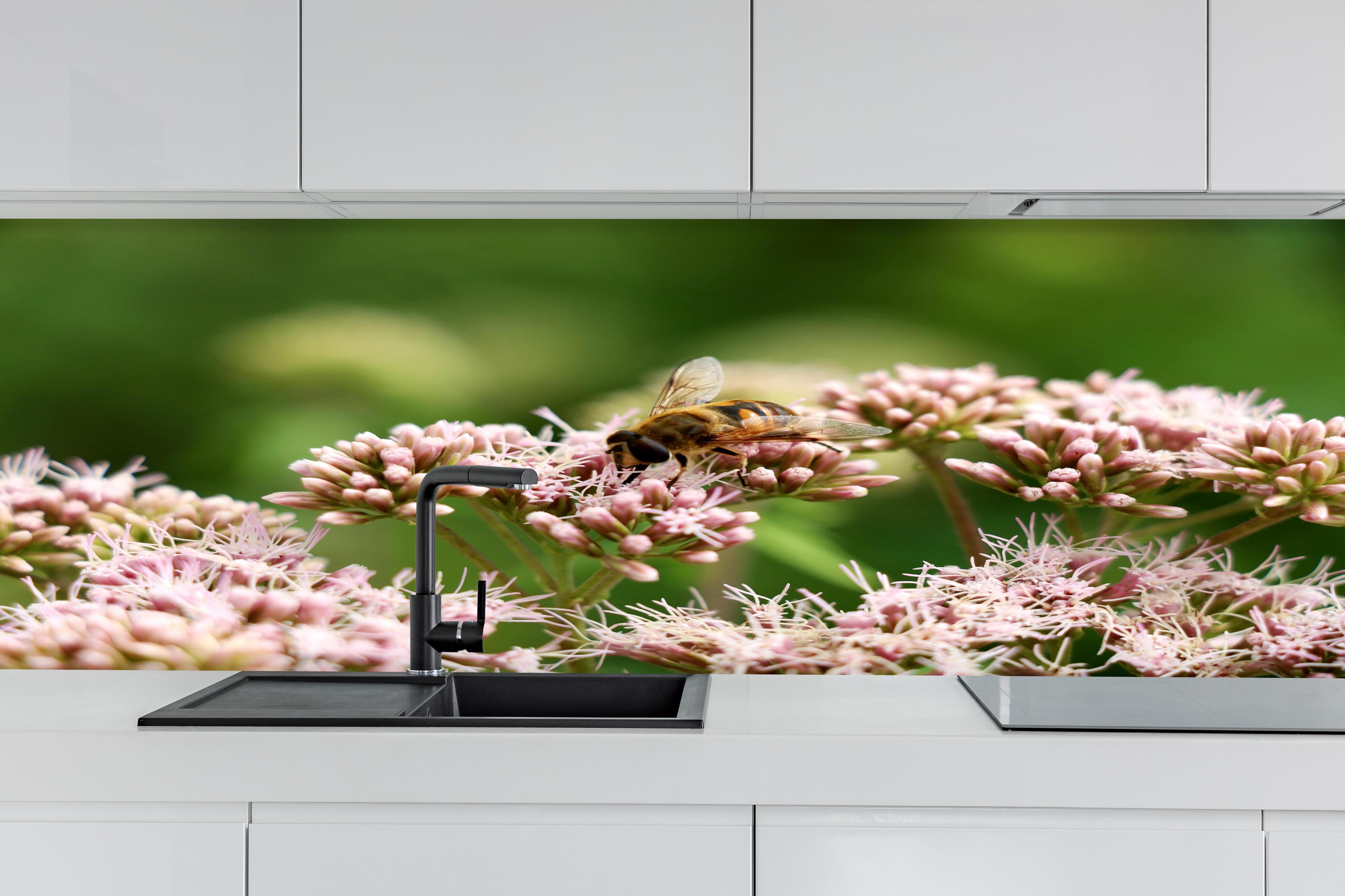 Küche - Nahaufnahme Biene Rosa Blütenpracht hinter weißen Hochglanz-Küchenregalen und schwarzem Wasserhahn