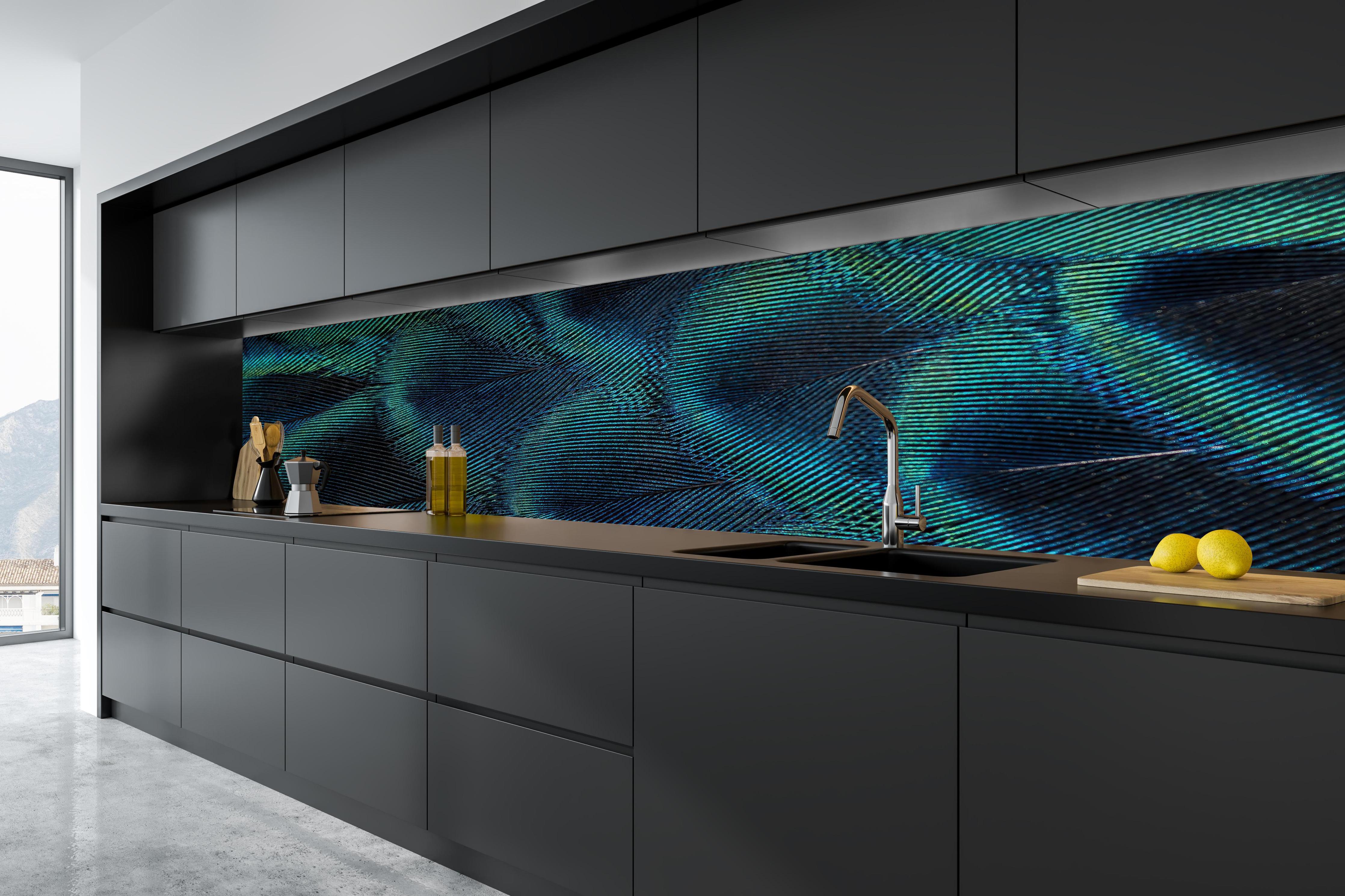 Küche - Nahaufnahme von Pfauenfedern hinter weißen Hochglanz-Küchenregalen und schwarzem Wasserhahn