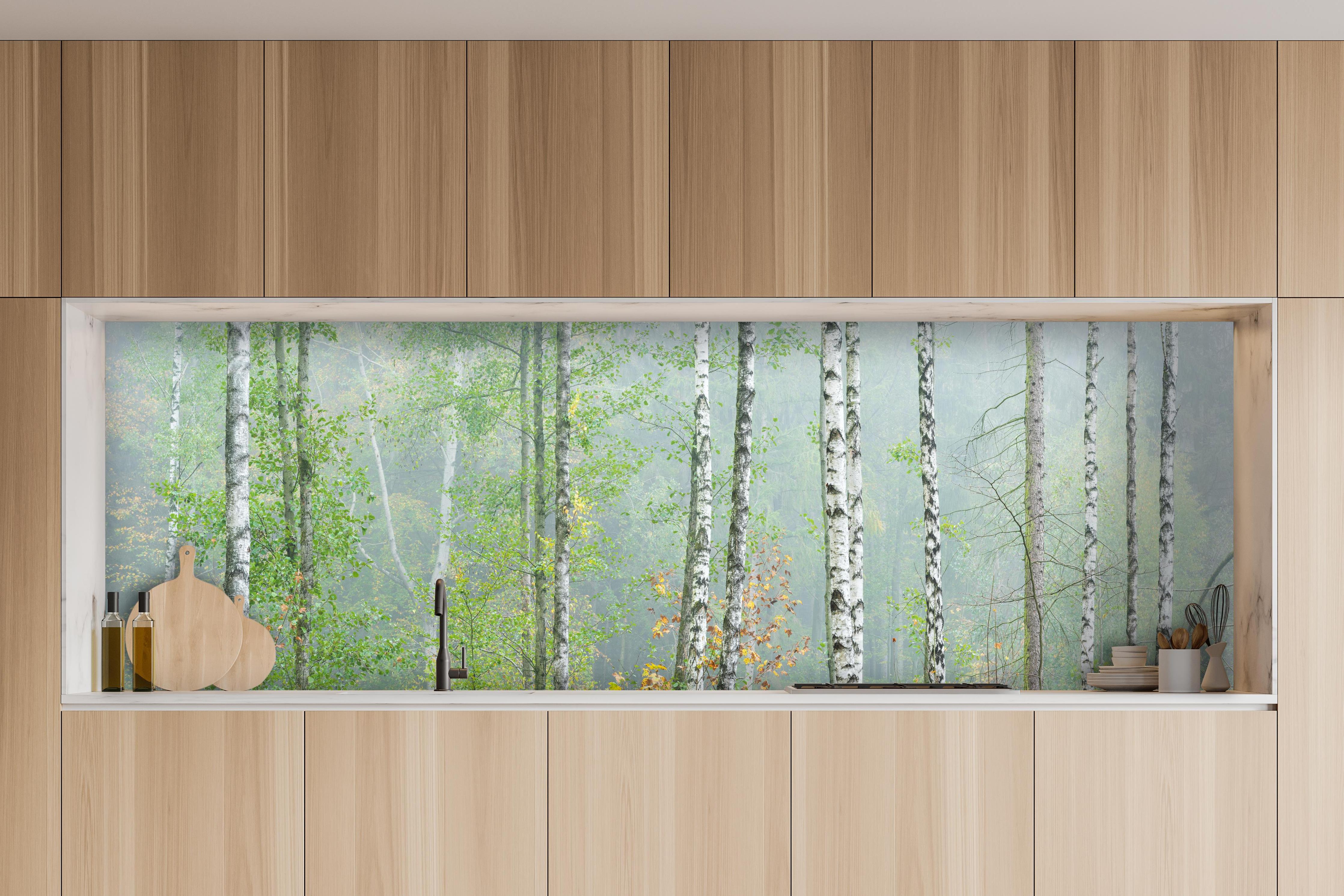 Küche - Nebeliger Birkenwald hinter weißen Hochglanz-Küchenregalen und schwarzem Wasserhahn