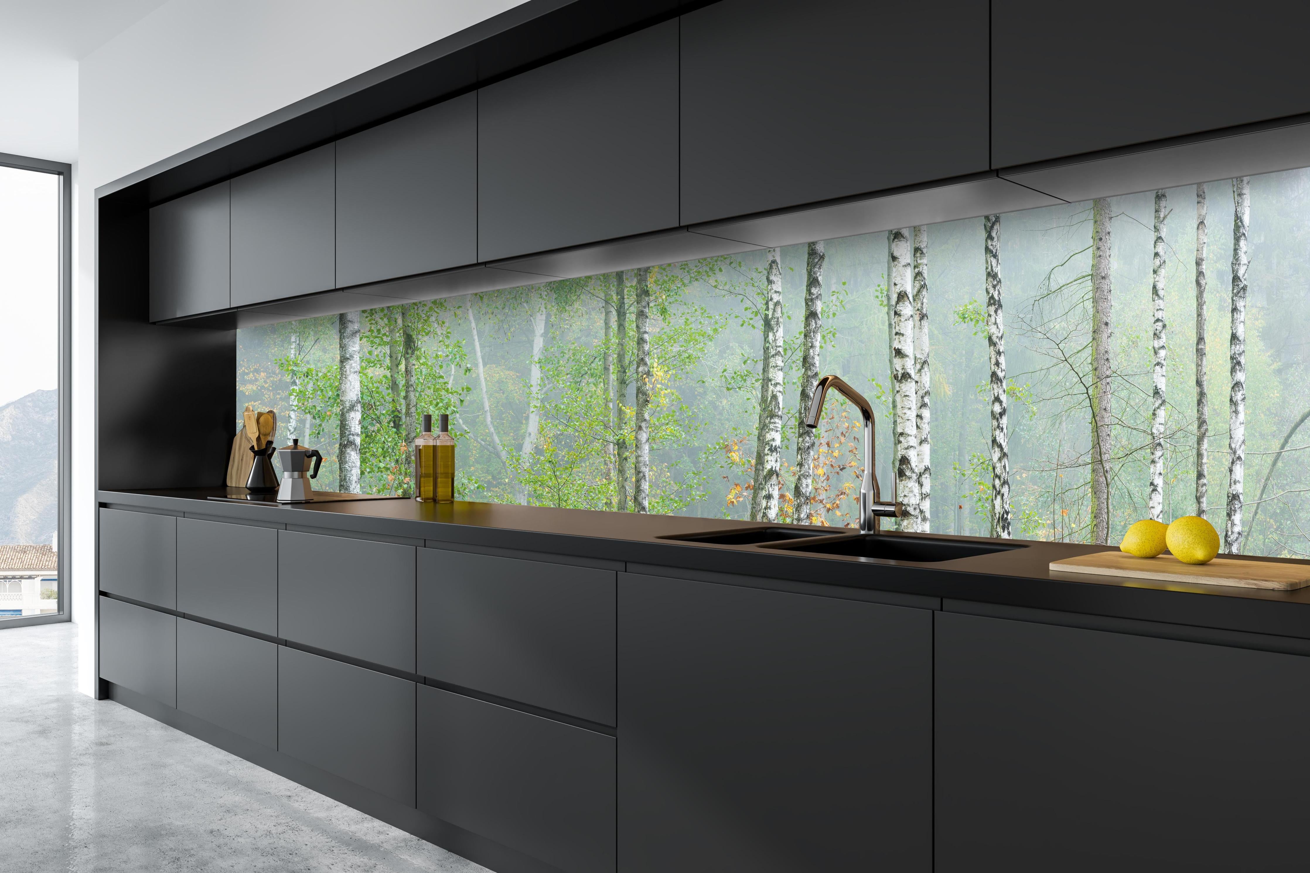 Küche - Nebeliger Birkenwald hinter weißen Hochglanz-Küchenregalen und schwarzem Wasserhahn
