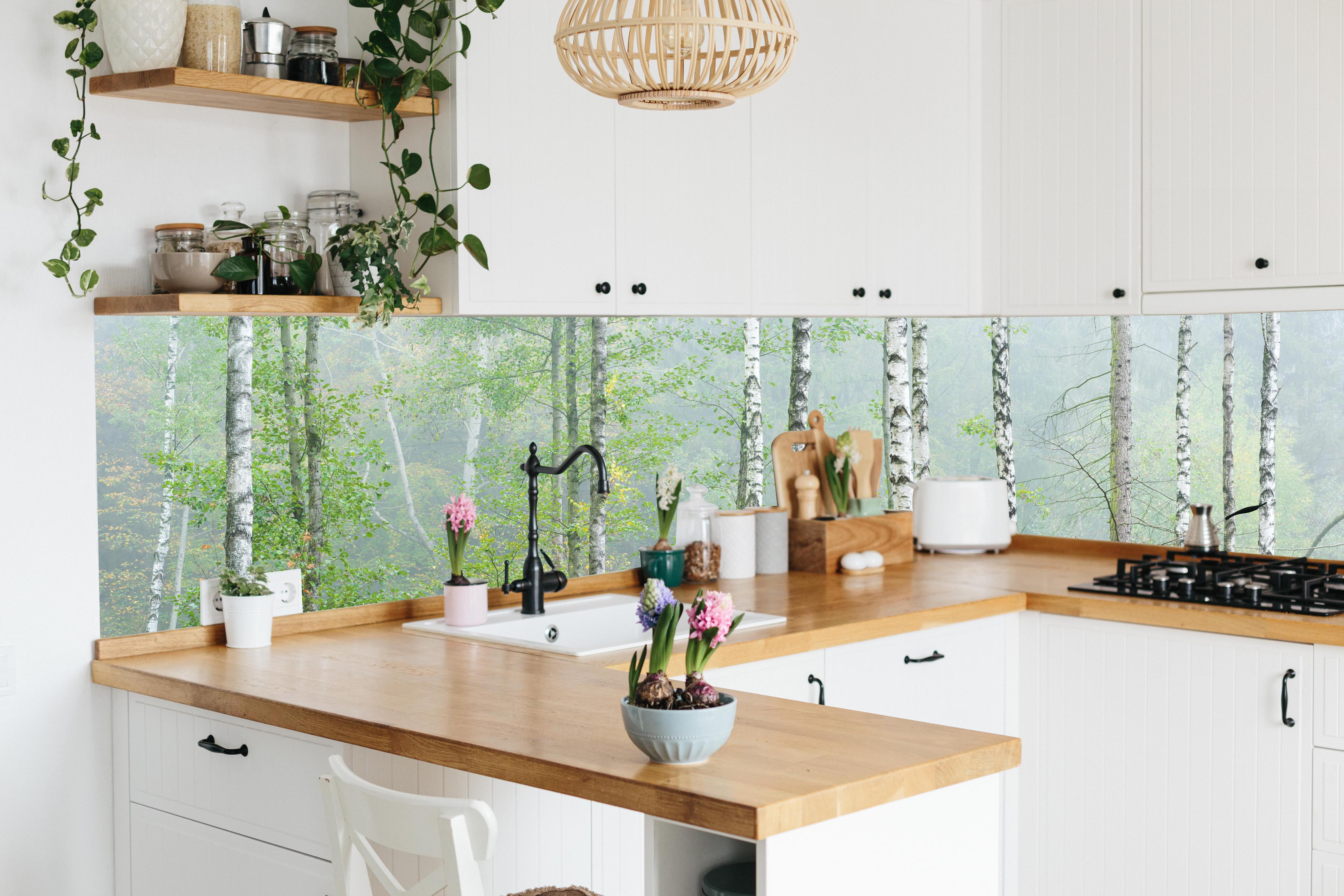 Küche - Nebeliger Birkenwald hinter weißen Hochglanz-Küchenregalen und schwarzem Wasserhahn