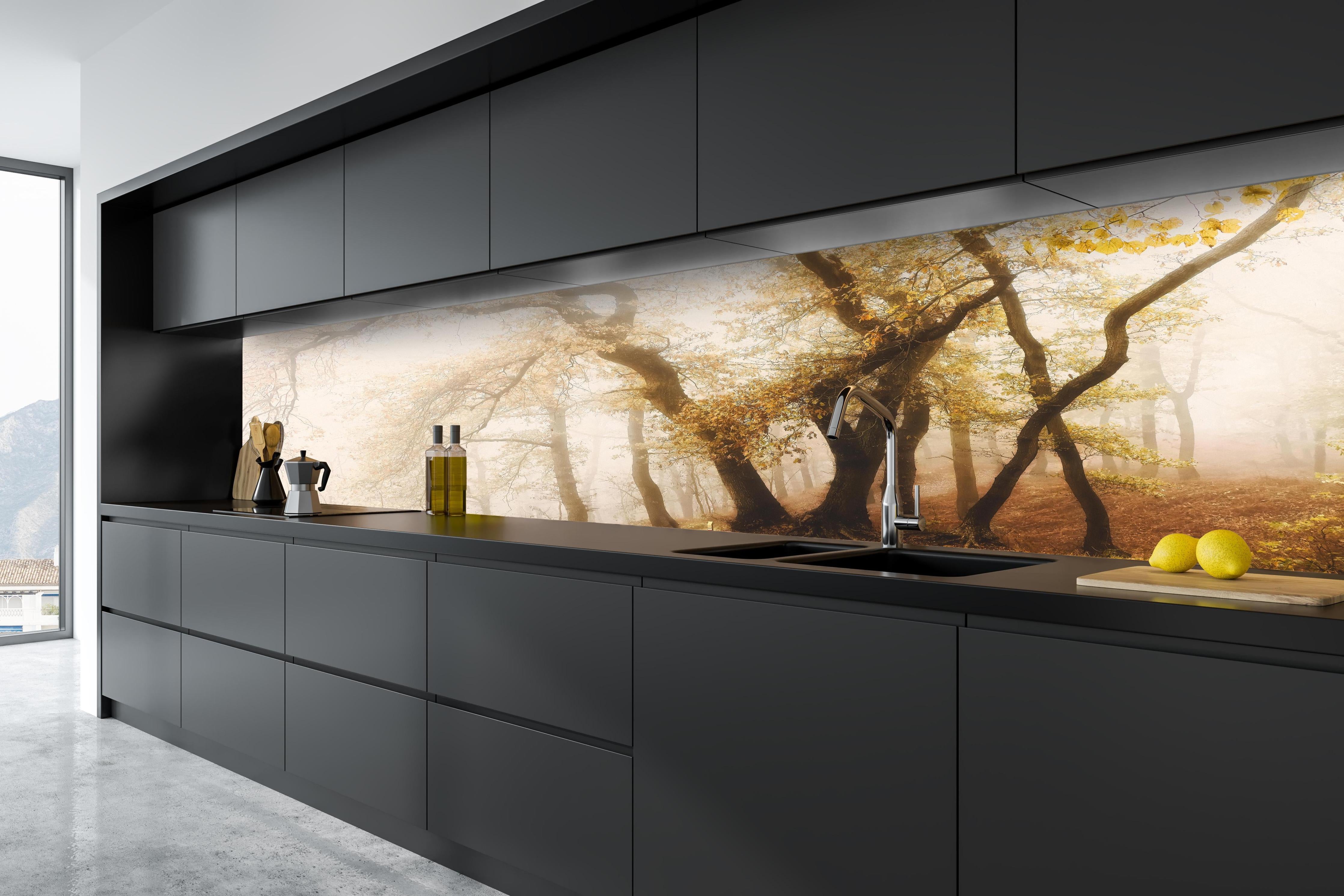 Küche - Nebeliger Wald im Herbst hinter weißen Hochglanz-Küchenregalen und schwarzem Wasserhahn