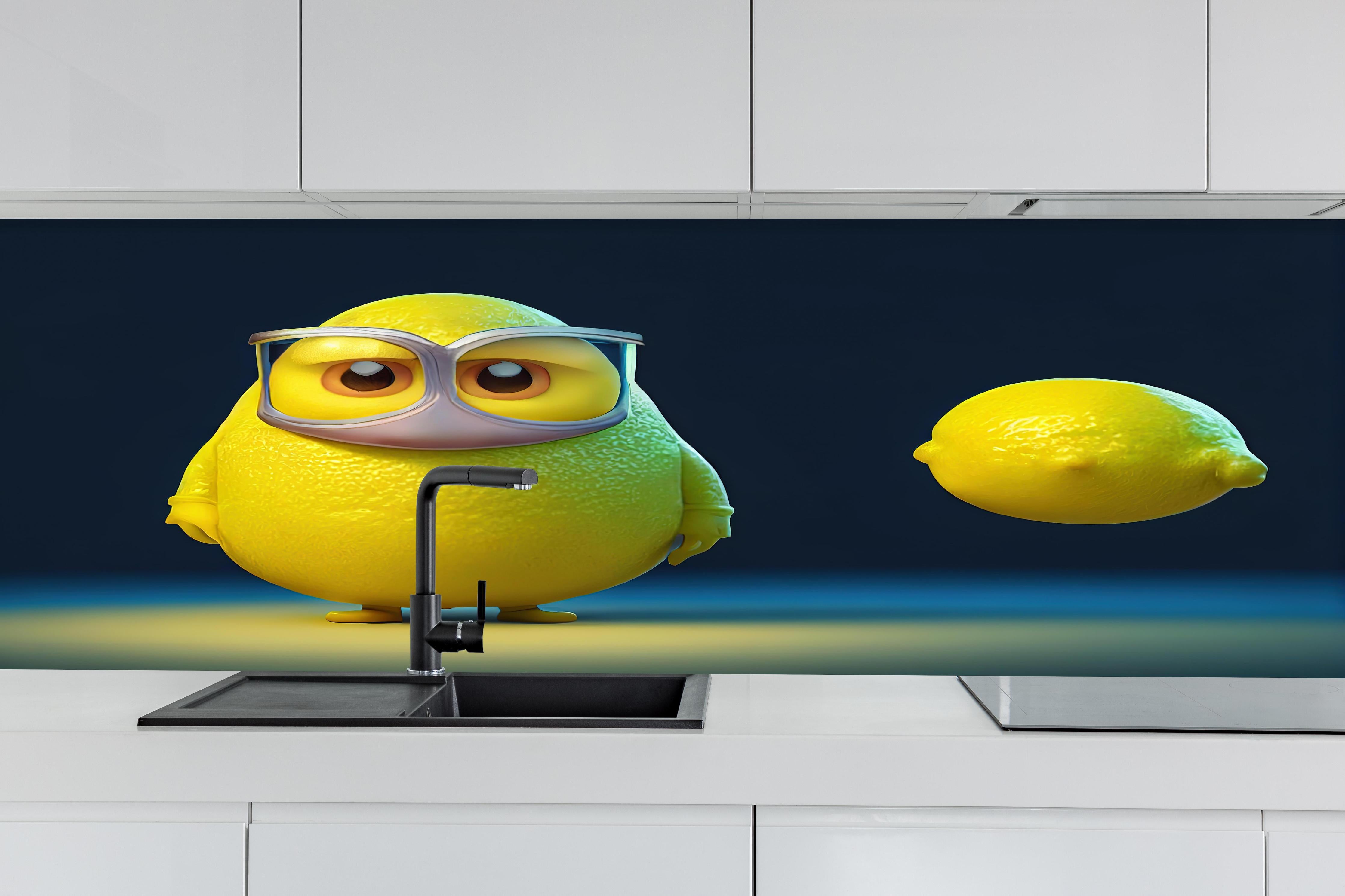 Küche - Nerdige Cartoon Zitrone hinter weißen Hochglanz-Küchenregalen und schwarzem Wasserhahn