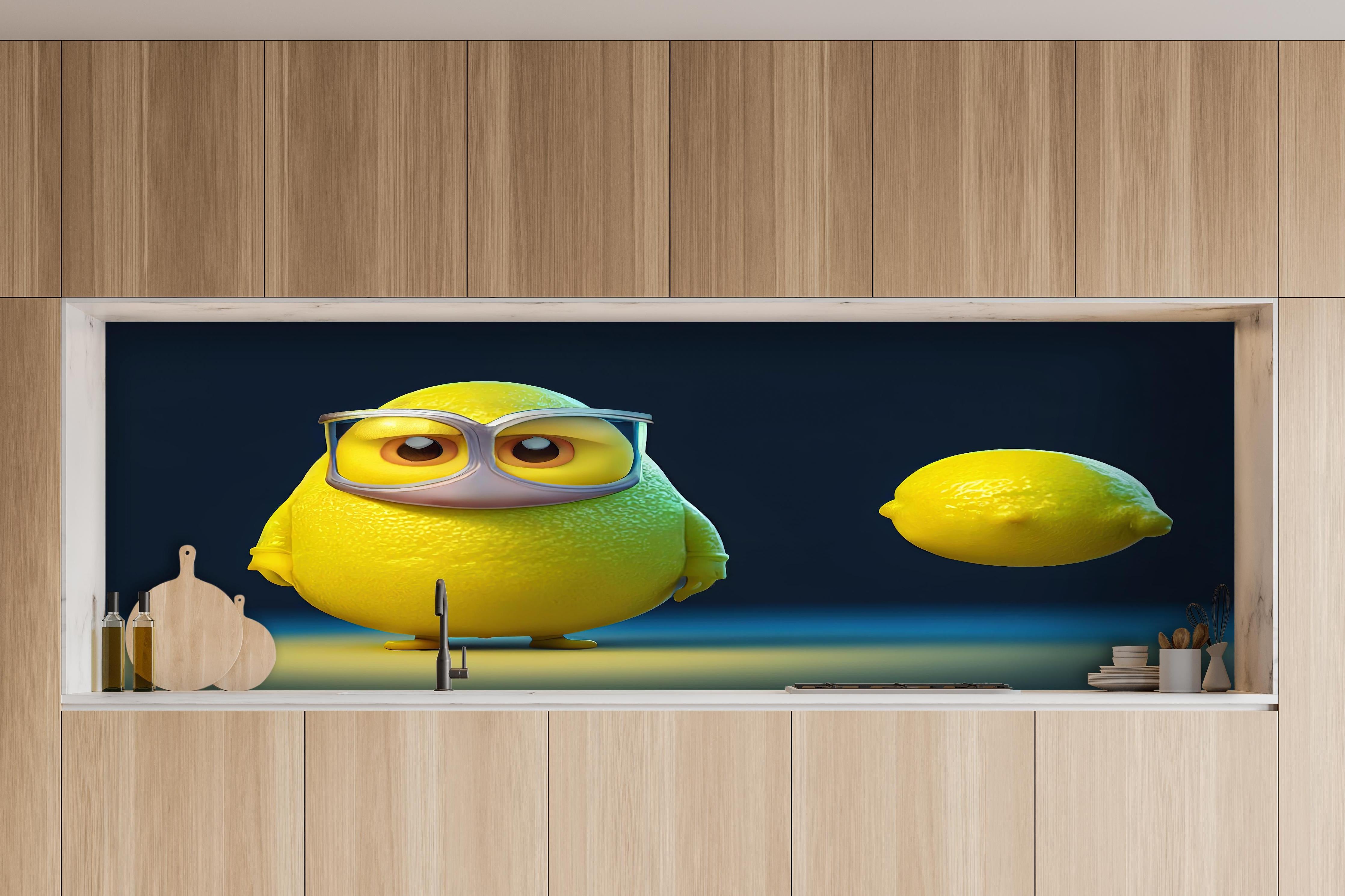 Küche - Nerdige Cartoon Zitrone hinter weißen Hochglanz-Küchenregalen und schwarzem Wasserhahn