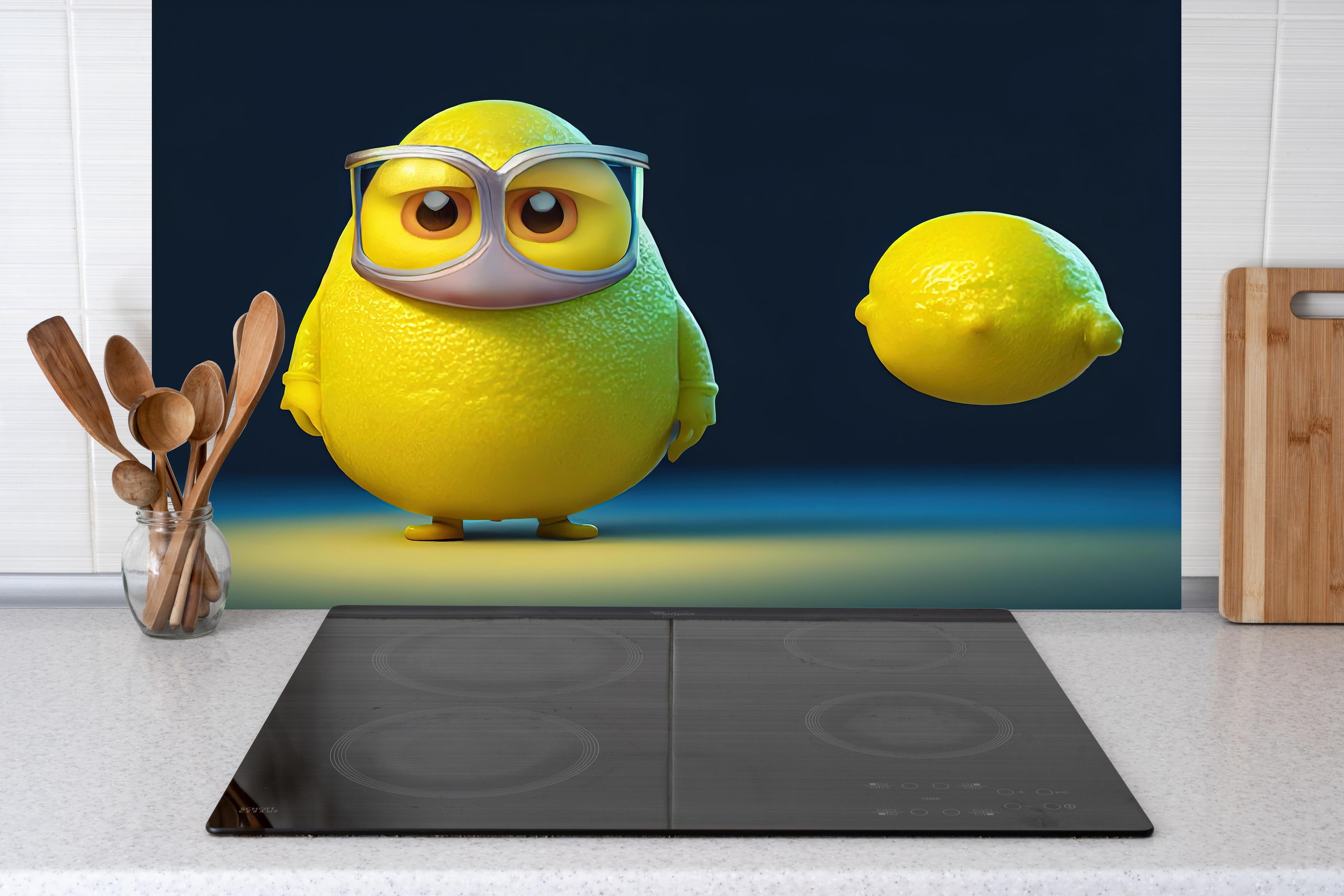 Küche - Nerdige Cartoon Zitrone hinter weißen Hochglanz-Küchenregalen und schwarzem Wasserhahn