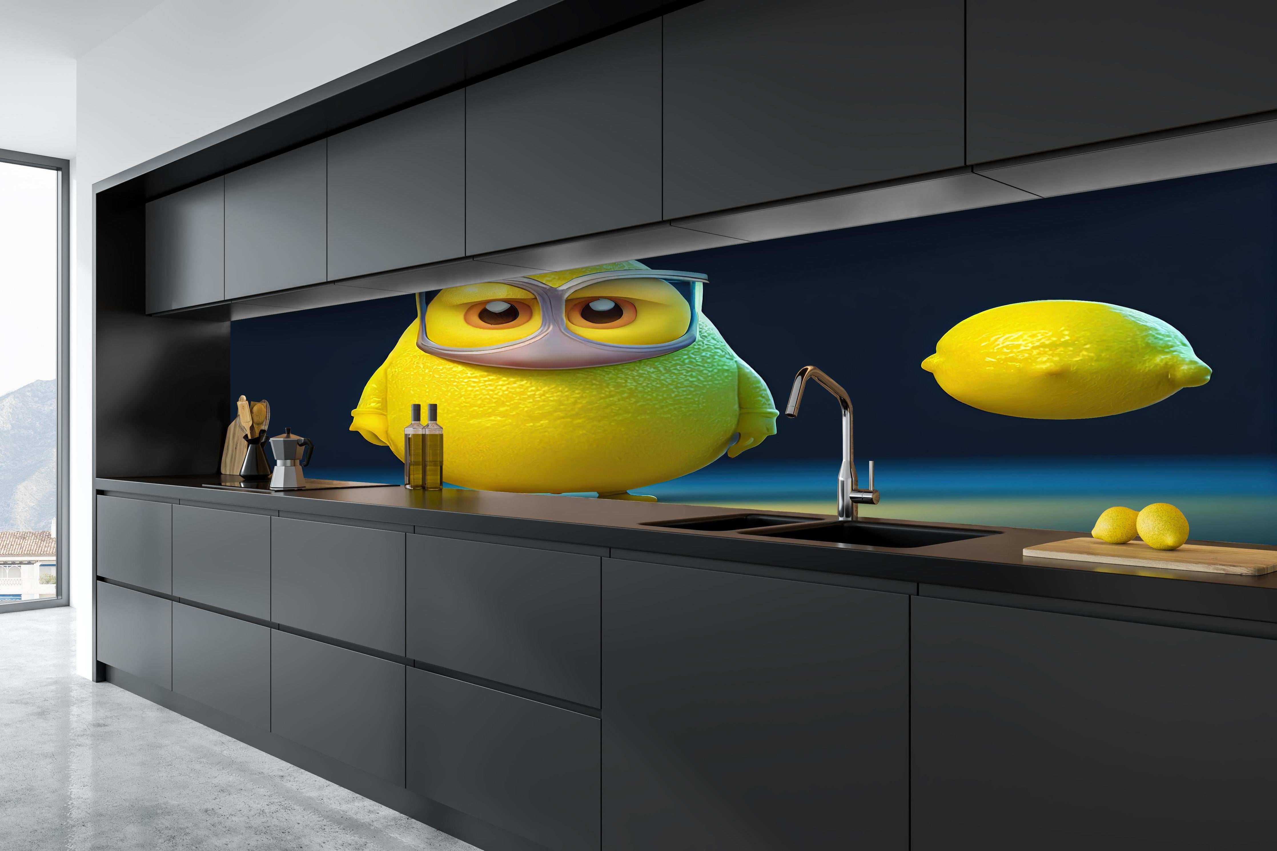 Küche - Nerdige Cartoon Zitrone hinter weißen Hochglanz-Küchenregalen und schwarzem Wasserhahn