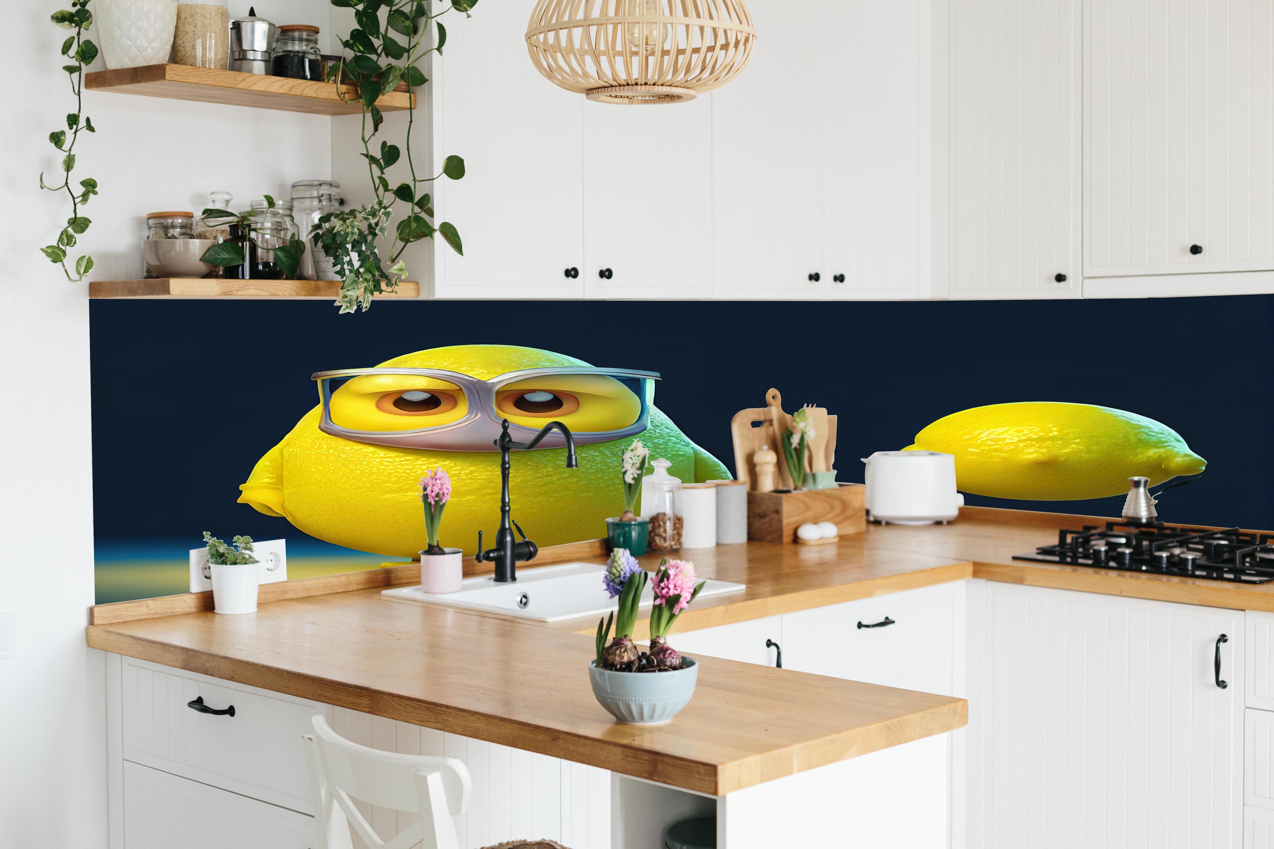 Küche - Nerdige Cartoon Zitrone hinter weißen Hochglanz-Küchenregalen und schwarzem Wasserhahn