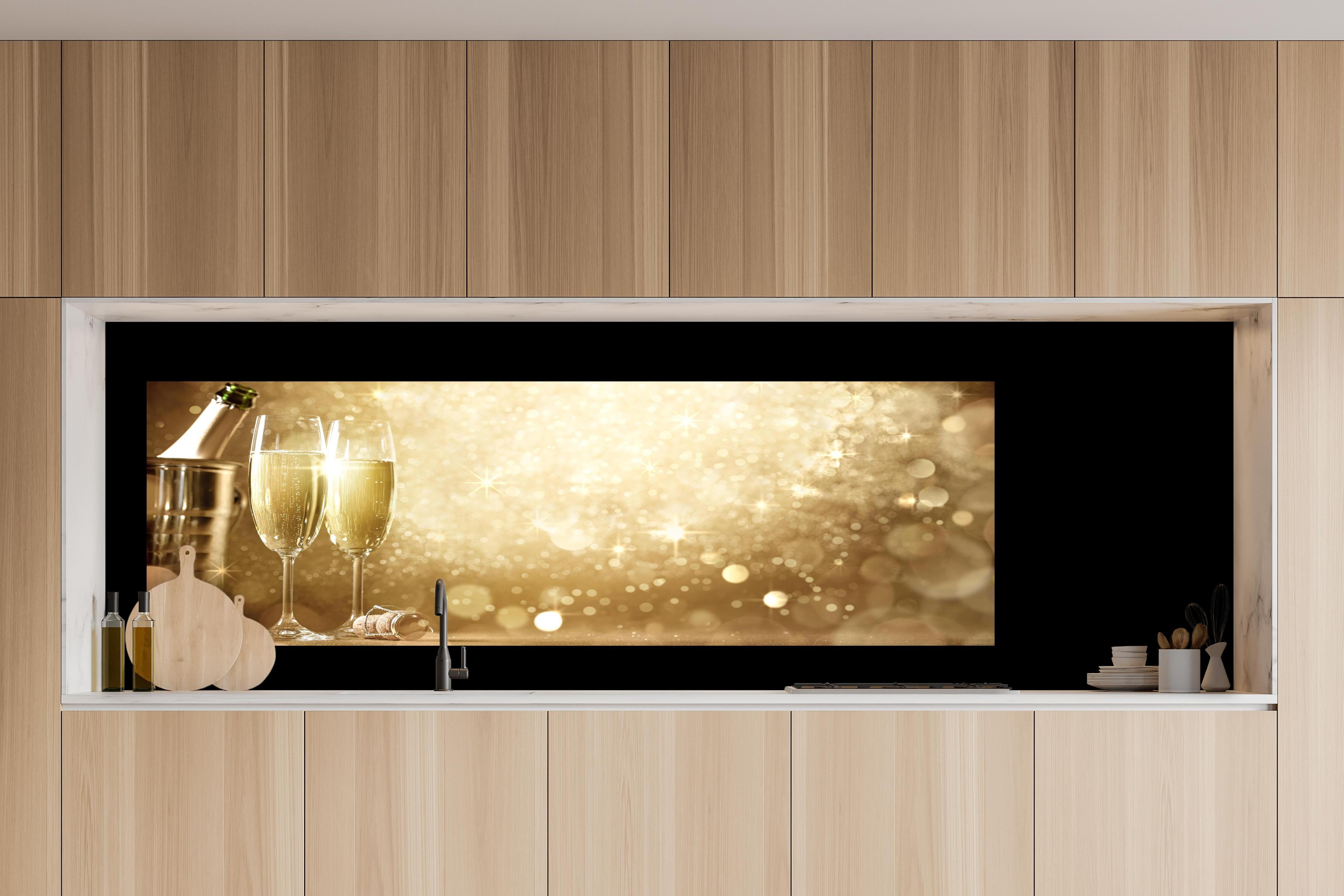 Küche - Neujahrsfeier hinter weißen Hochglanz-Küchenregalen und schwarzem Wasserhahn