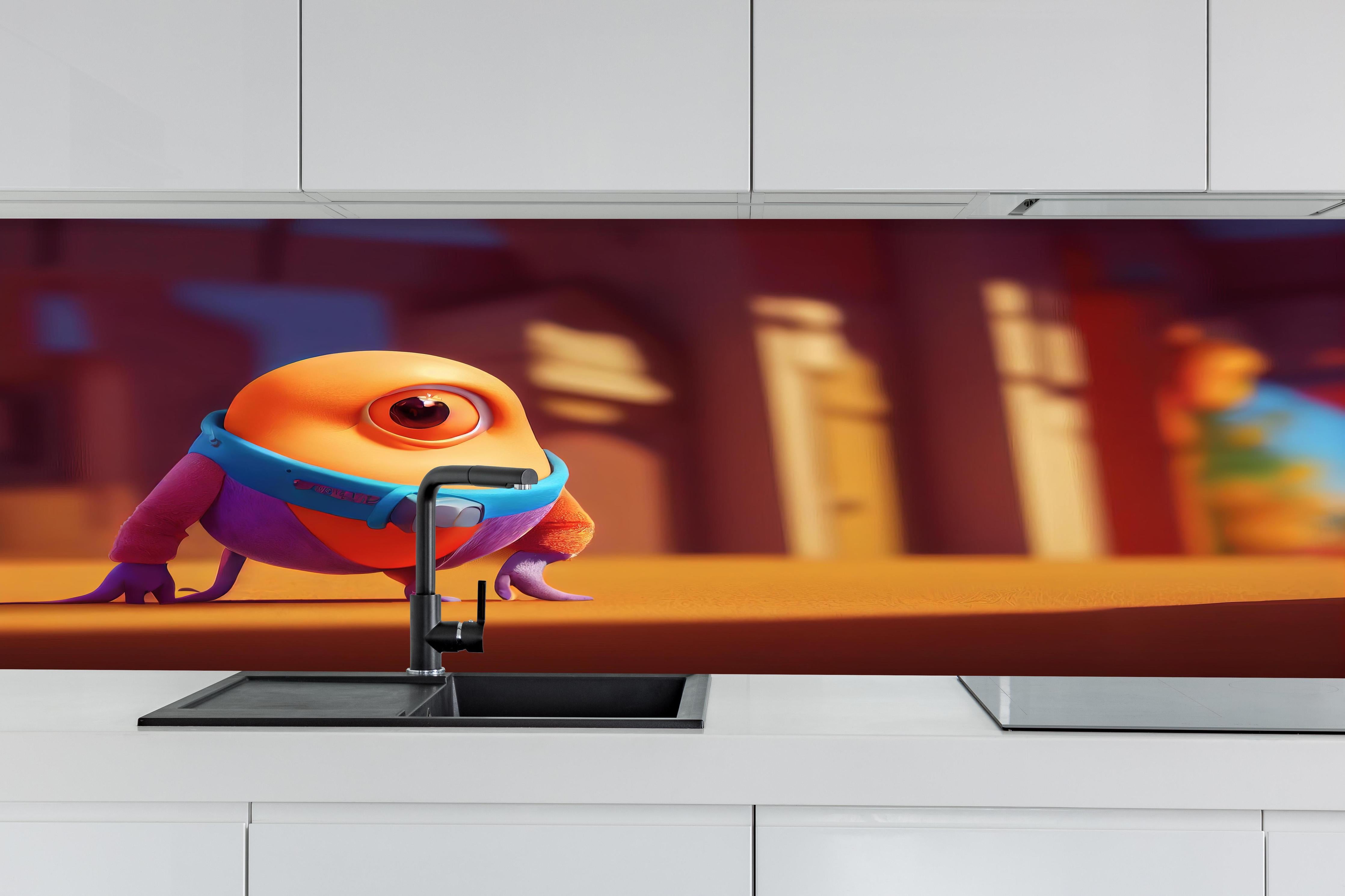 Küche - Orangenes Cartoon Männchen hinter weißen Hochglanz-Küchenregalen und schwarzem Wasserhahn