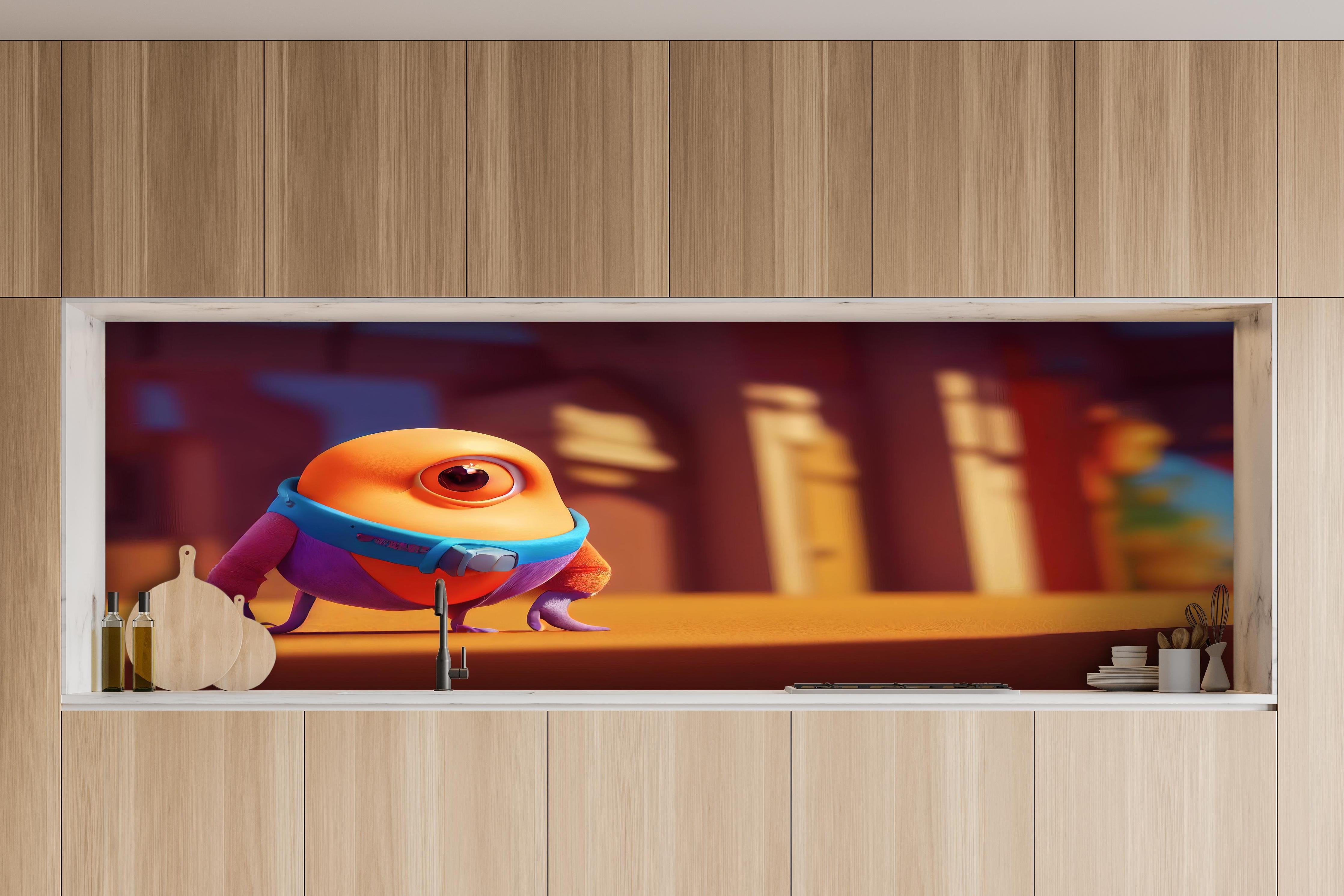 Küche - Orangenes Cartoon Männchen hinter weißen Hochglanz-Küchenregalen und schwarzem Wasserhahn