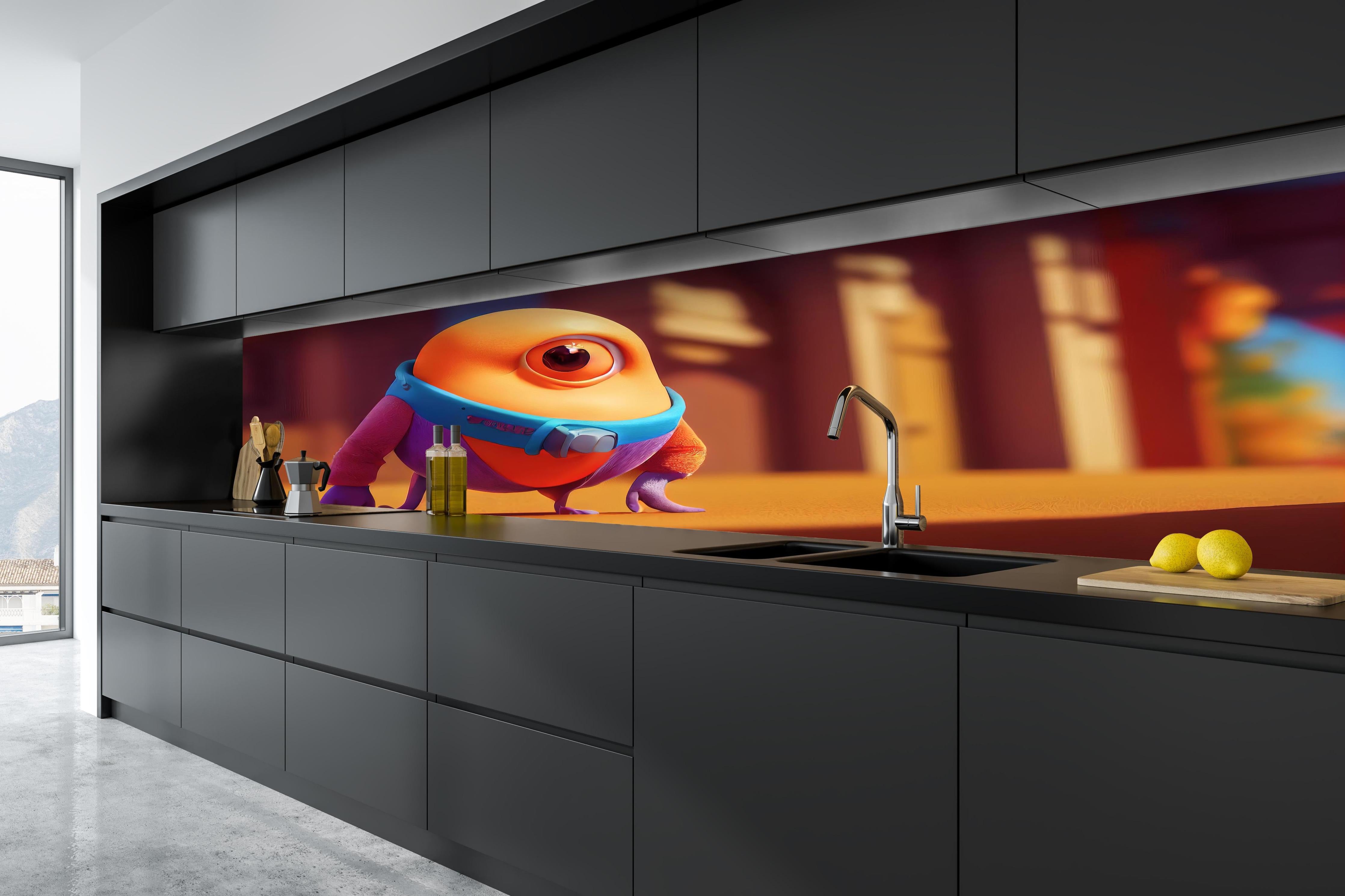 Küche - Orangenes Cartoon Männchen hinter weißen Hochglanz-Küchenregalen und schwarzem Wasserhahn