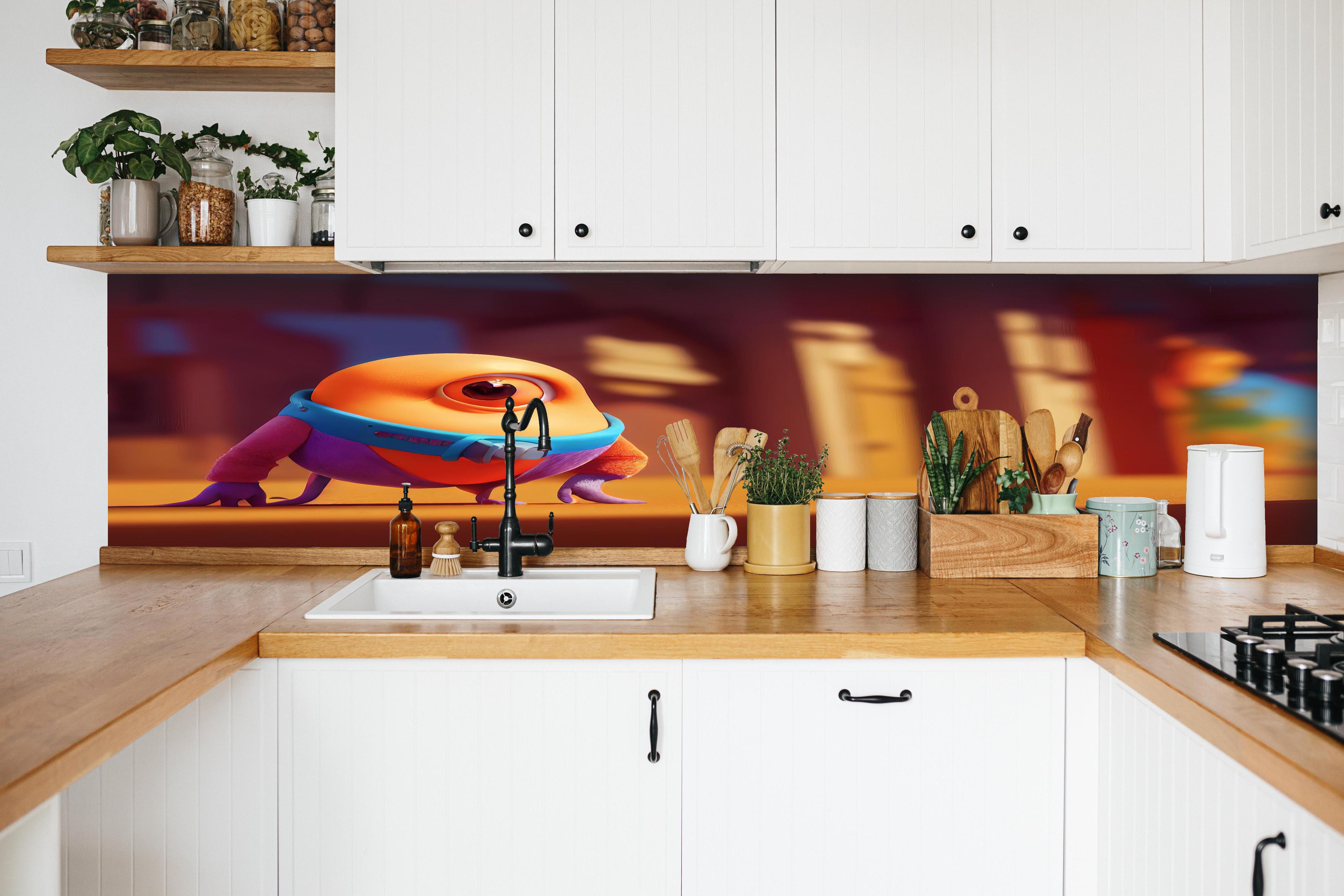 Küche - Orangenes Cartoon Männchen hinter weißen Hochglanz-Küchenregalen und schwarzem Wasserhahn