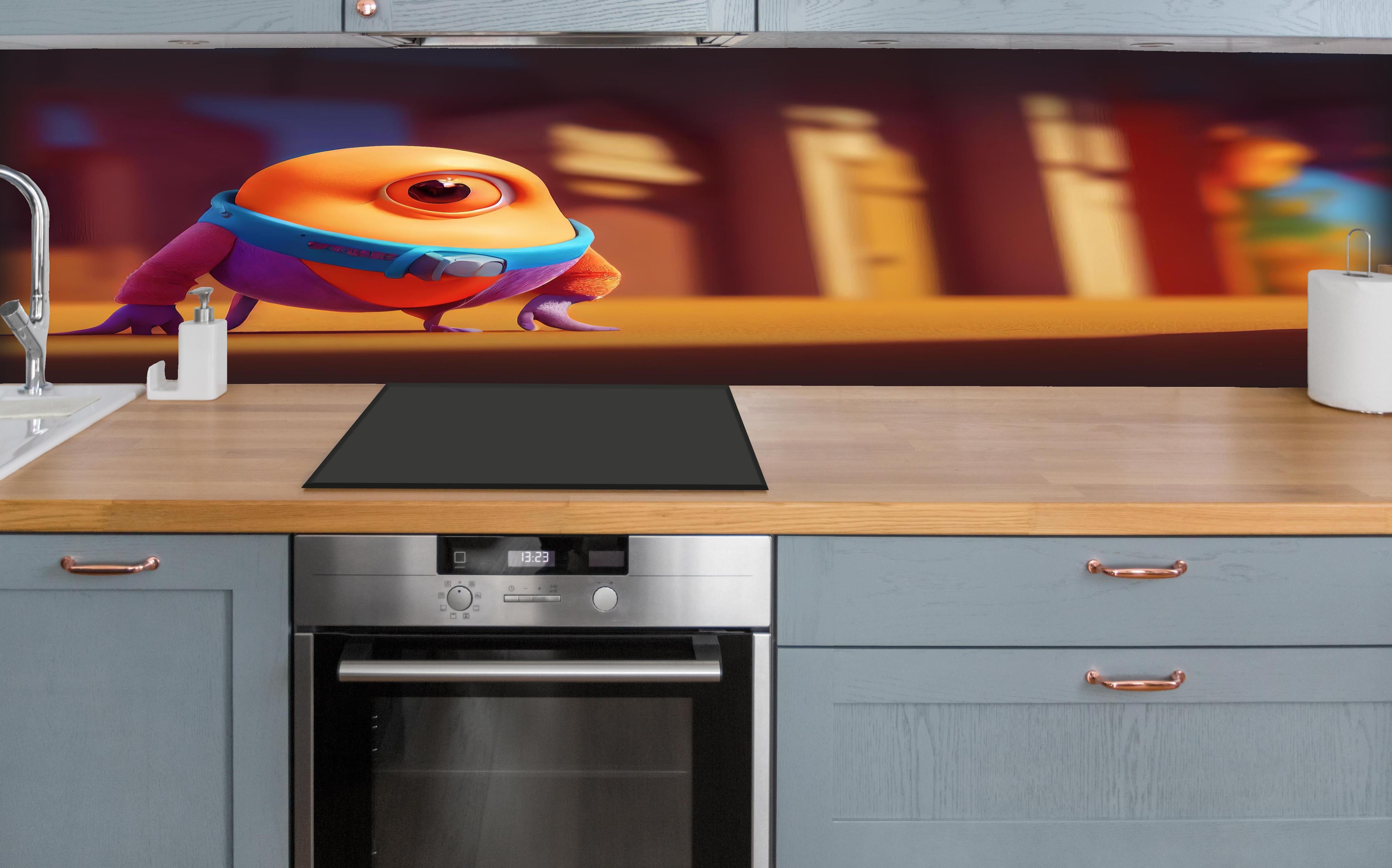 Küche - Orangenes Cartoon Männchen hinter weißen Hochglanz-Küchenregalen und schwarzem Wasserhahn