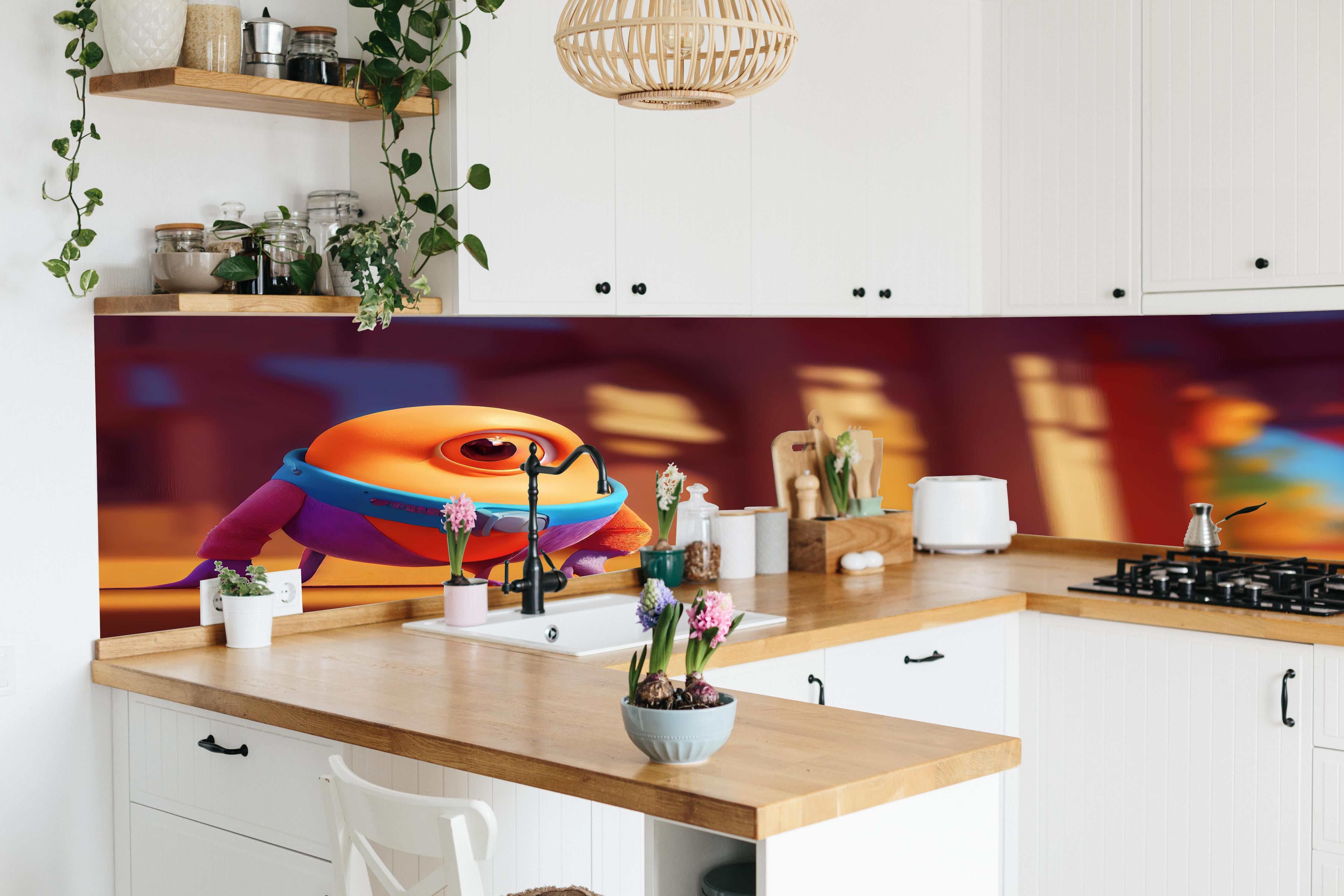 Küche - Orangenes Cartoon Männchen hinter weißen Hochglanz-Küchenregalen und schwarzem Wasserhahn